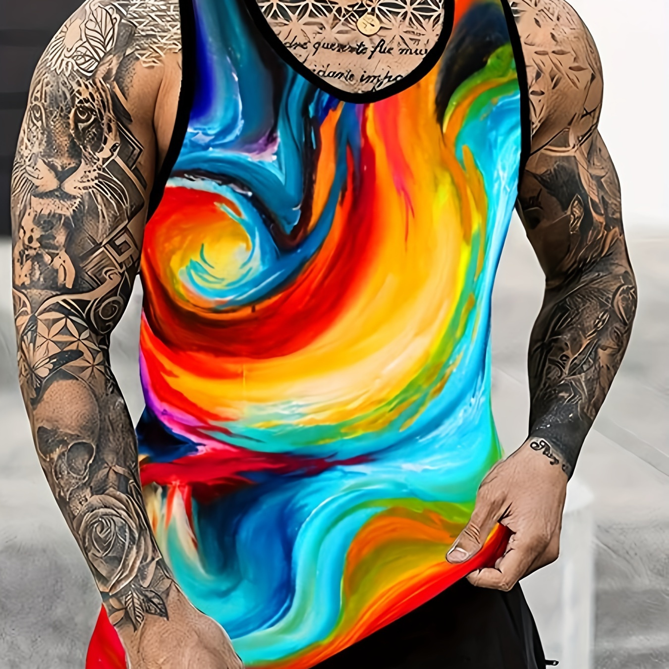 

Men's Trendy Crew Neck Graphic Tank Top With Fancy Vibrant 3d Print, Street Style For Summer Wear