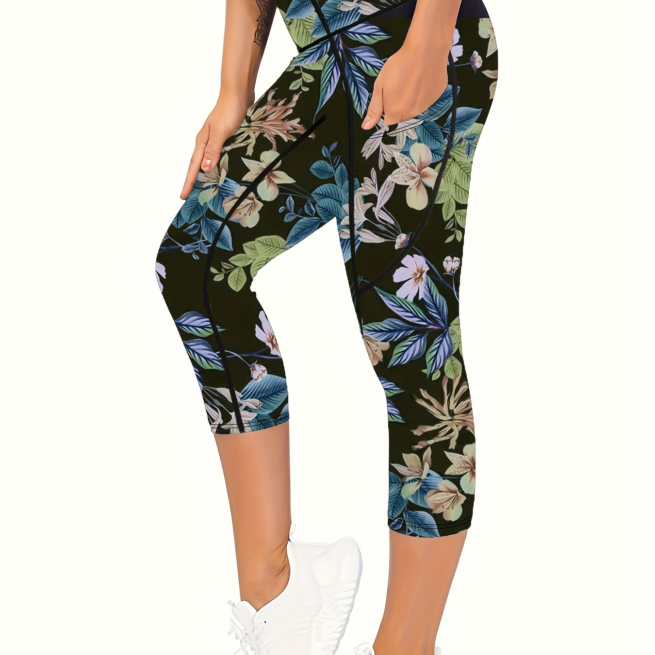 

Women's High Waist Yoga Cropped Pants With Pockets, Tummy Control Workout Leggings, Floral Print Stretchy Sports Tights, Fitness & Gym Wear