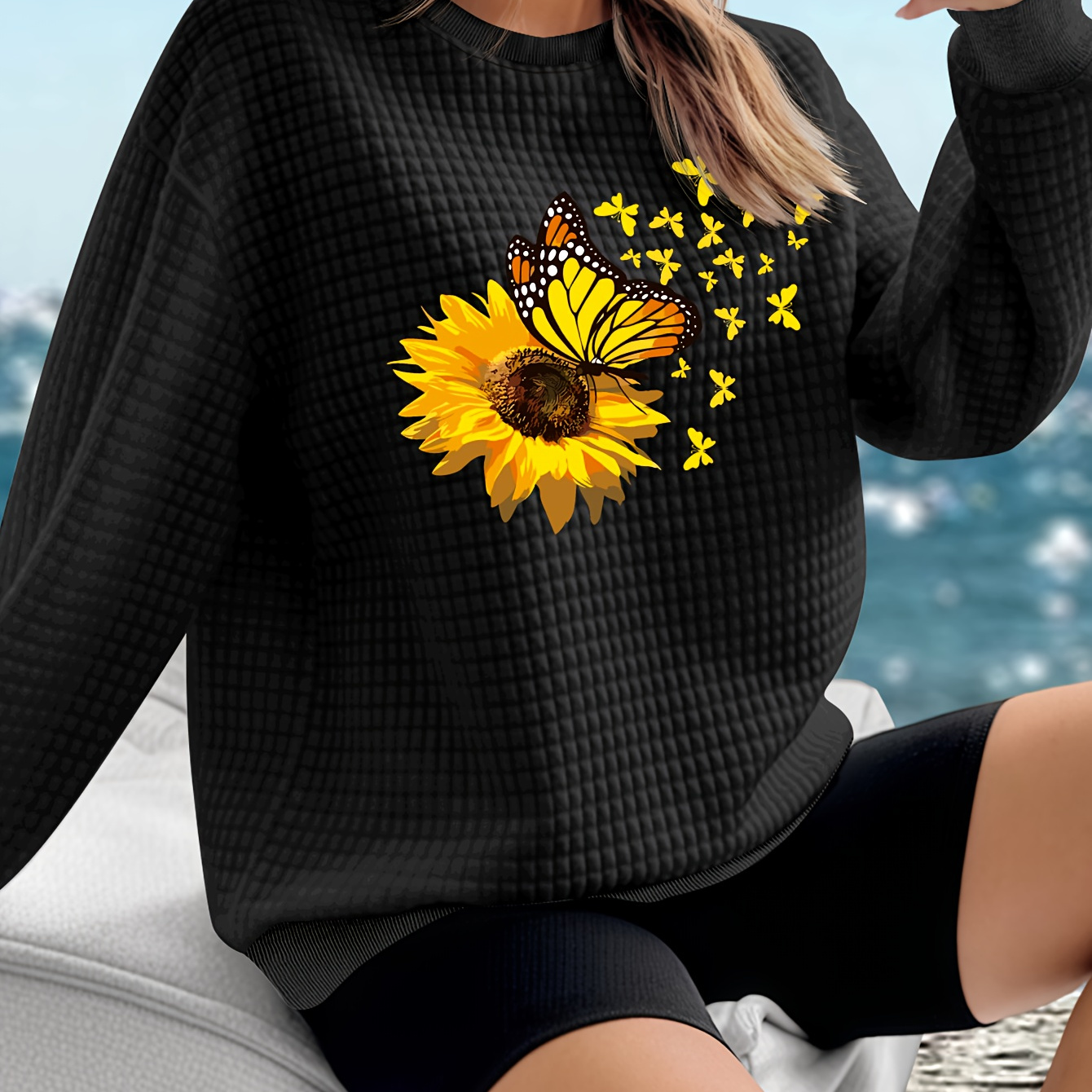 

Sunflower Butterfly Print Waffle Sweatshirt, Crew Neck Casual Sweatshirt For Winter & Fall, Women's Clothing