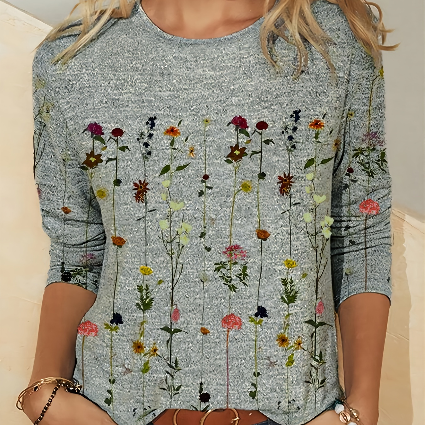 

T-shirt À Col Rond À Imprimé Floral, Haut Décontracté À Manches Longues Pour Le Printemps Et L'automne, Vêtements Pour Femmes