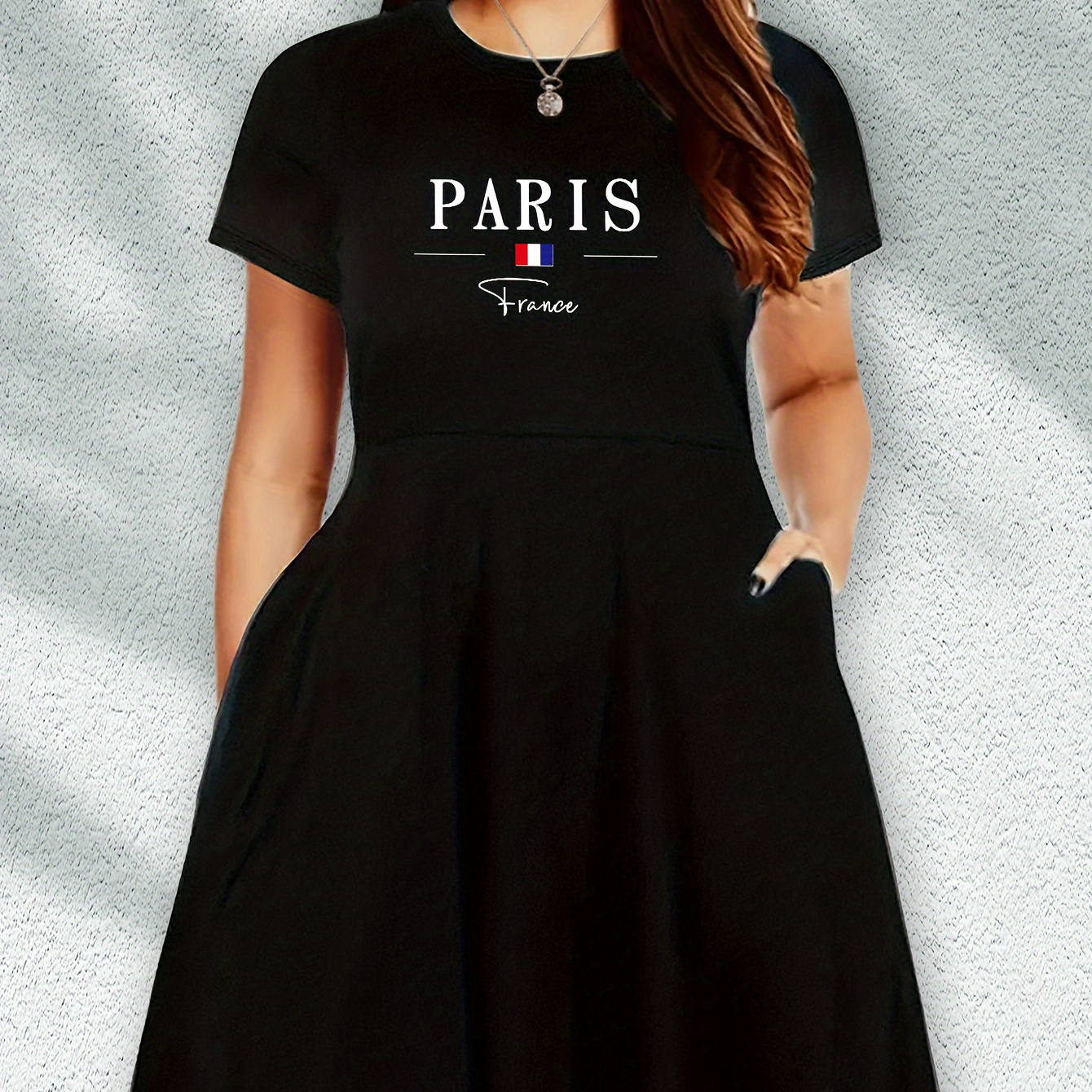 

Plus Size Letter Paris Print Dress, Casual Short Sleeve Dress For Spring & Summer, Women's Plus Size Clothing