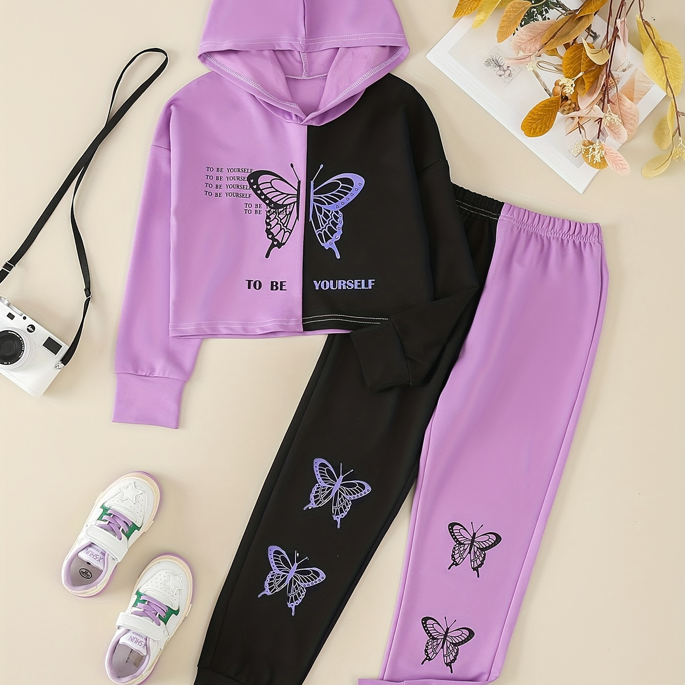 

Girl's 2-piece Autumn Outfits Colorblock Butterfly Print Long Sleeve Hoodie Sweatshirt Tops And Sweatpants Set Sports Casual Clothes