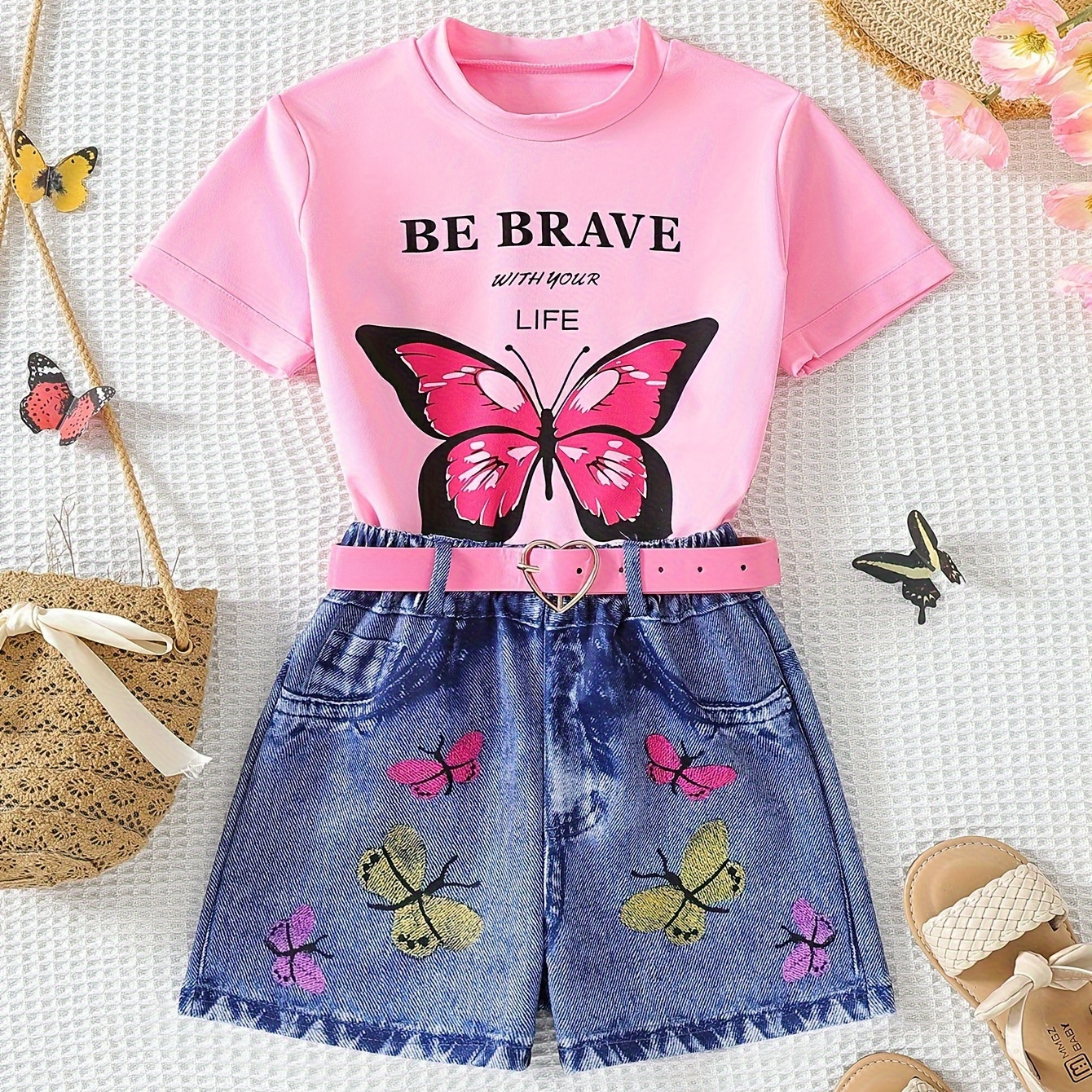 

2pcs Girls Cute Be Brave Print Short Sleeve T-shirt + Imitation Denim Print Shorts With Belt Set For Summer Party