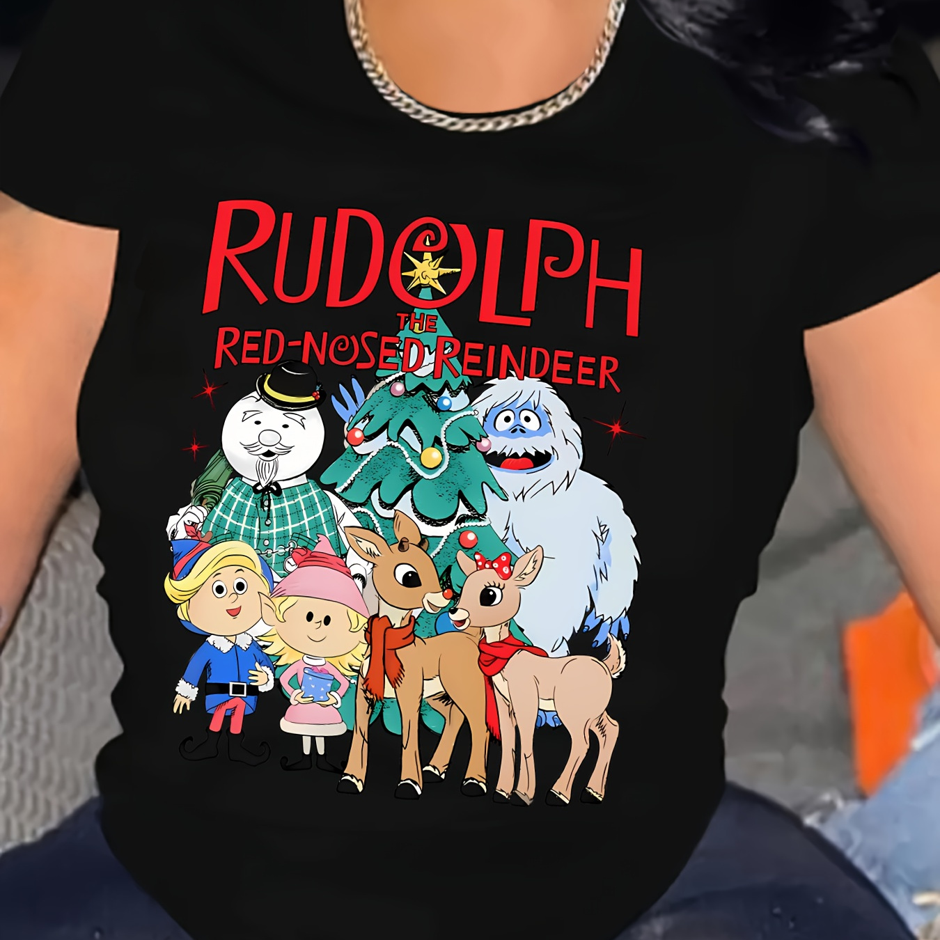 

Plus Size Women's Christmas Cartoon T-shirt, Short Sleeve Crew Neck Comfort