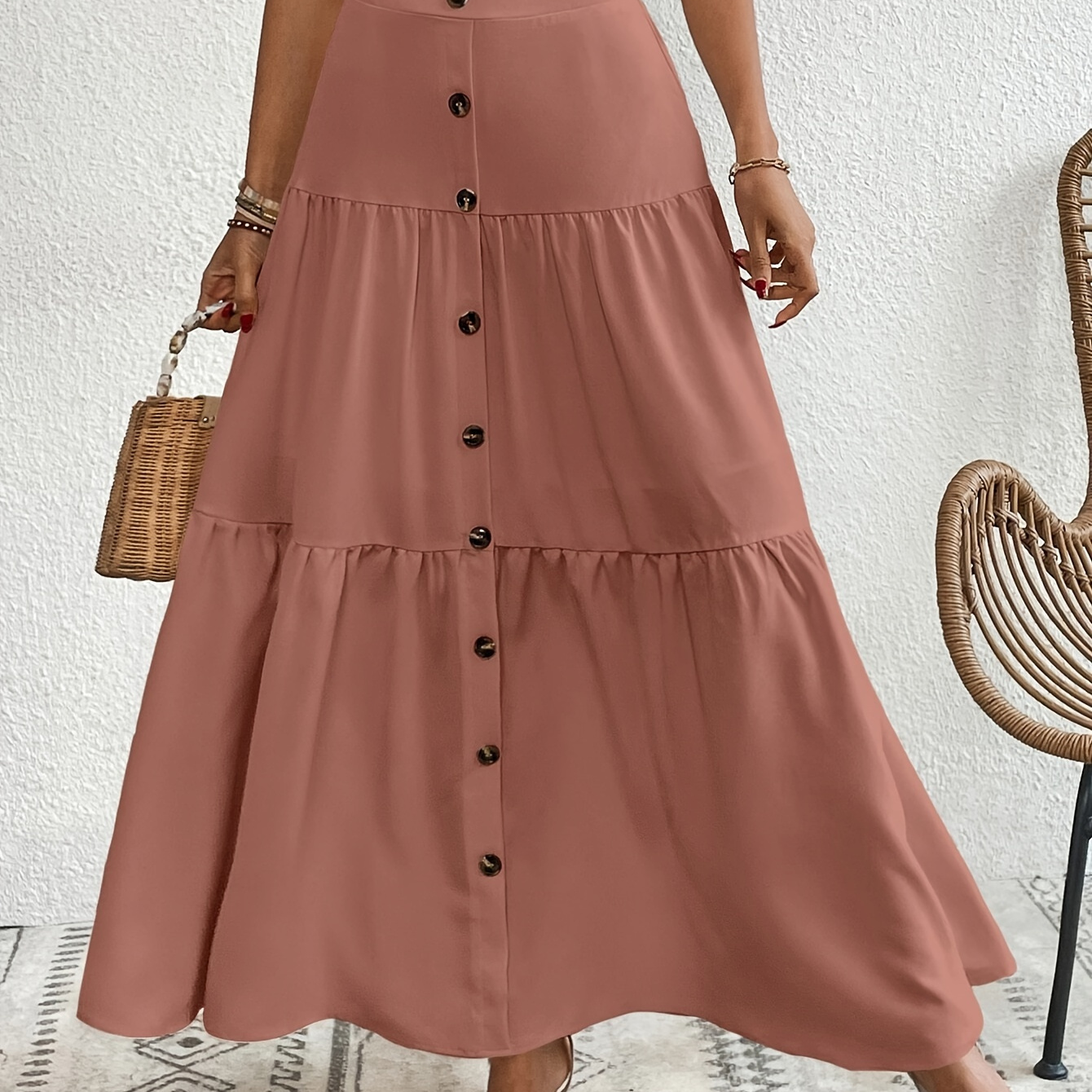 

High Waist Tiered Skirts, Casual Solid Button Front Maxi Skirts, Women's Clothing