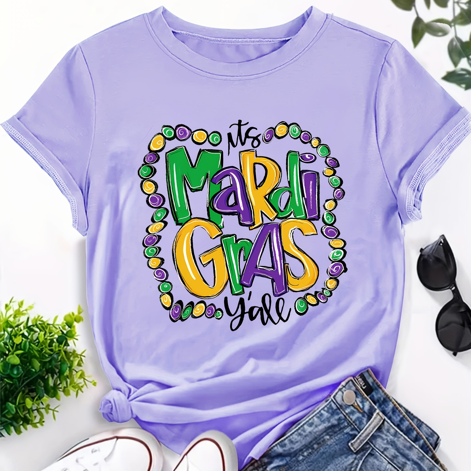 

Women's Mardi Gras Graphic Tee, Casual Crew Neck Short Sleeve T-shirt, Polyester 100% Knit Fabric, Regular Length, All Top, Alphabet Pattern, 180gsm - Pink