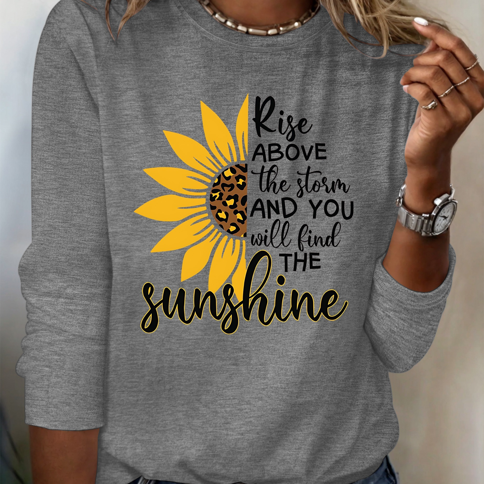 

Women's Casual Long Sleeve T-shirt With Sunflower And Leopard Print, Inspirational Quote, Polyester Knit Fabric, Round Neck, Spring/fall Collection