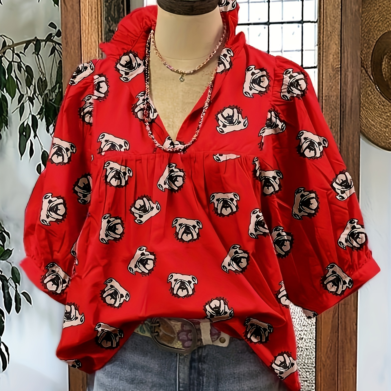 

Women's Casual Bulldog Print Neckline Button Cuffs Short Sleeve Top Shirt