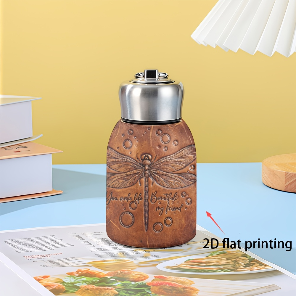 1pc Stainless Steel Tumbler, Leak-proof, Gift Idea, Dragonfly Embossed Leather Design