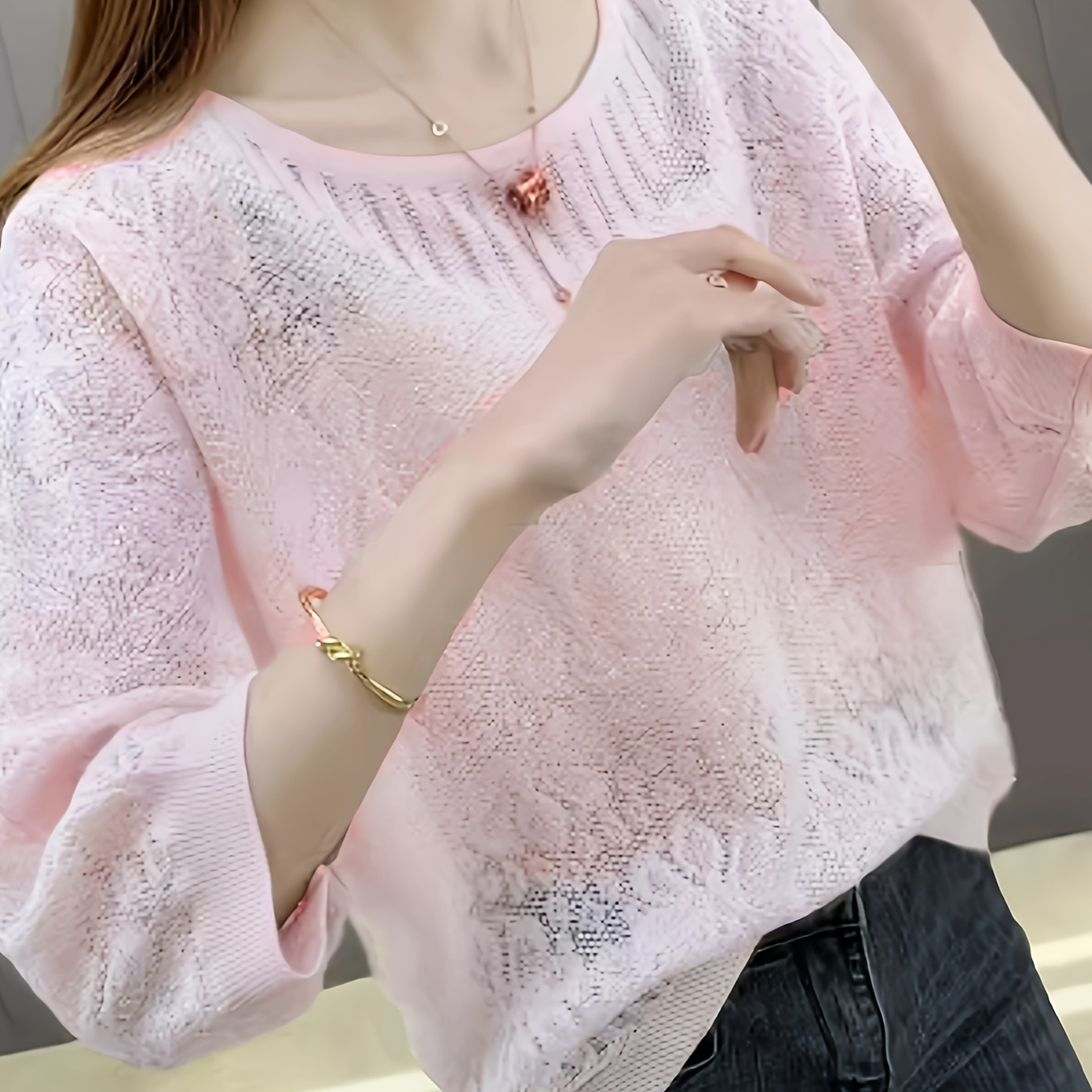 

Pointelle Knit Batwing Sleeve Sweater, Casual Crew Neck Cover Up Top For Spring & Summer, Women's Clothing