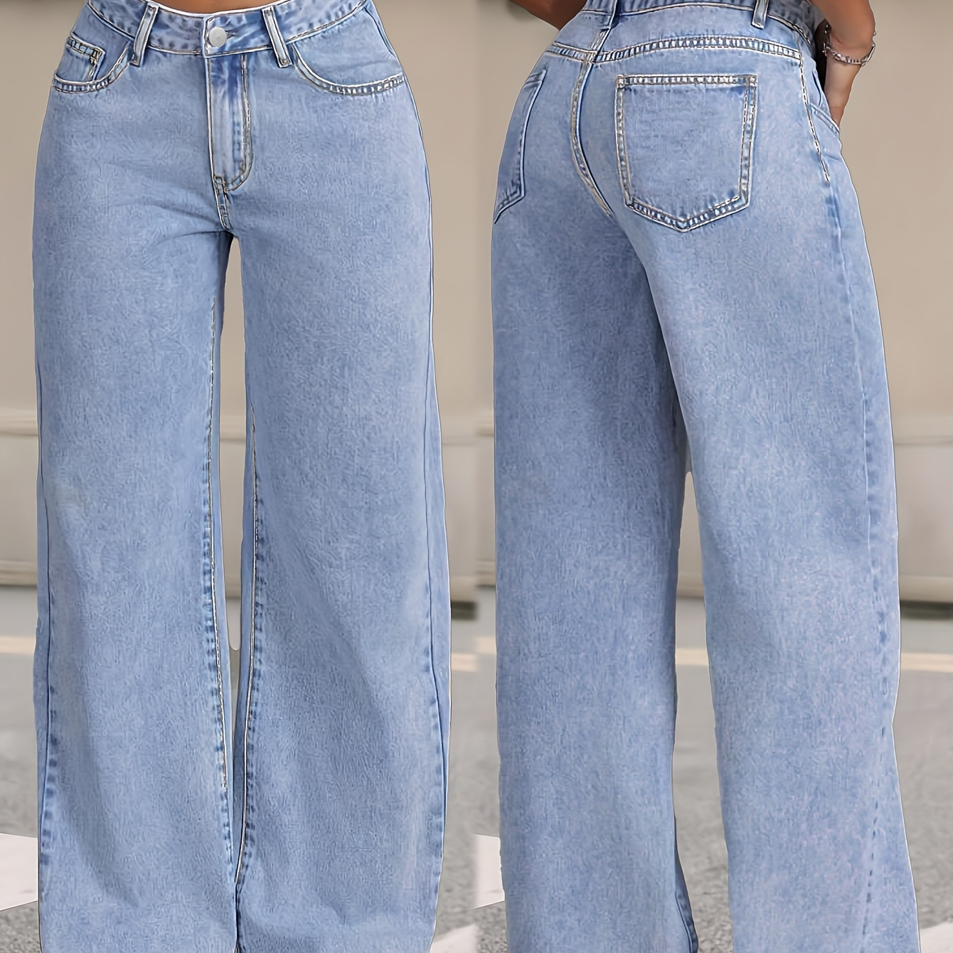 

1pc Y2k Street Style High-waisted Loose-fit Straight-leg Jeans, With Slight Stretch, Solid Color, Button Detail, Long Pants For Weekend Casual - 76%, 11% Polyester, 13% Viscose