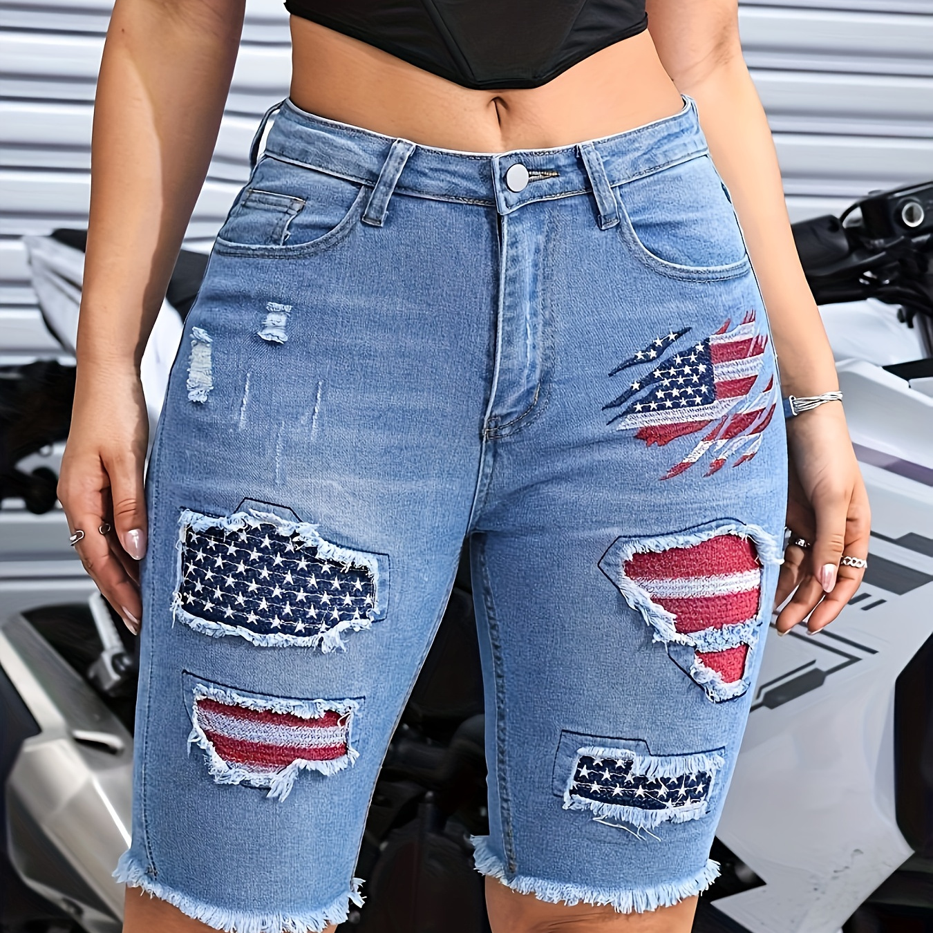 

Women's High-waisted Denim Shorts, American Flag Embroidery Ripped Patchwork, Frayed Hem, Slim Fit, Street Style Fashion, Elegant Bermuda Length Jeans