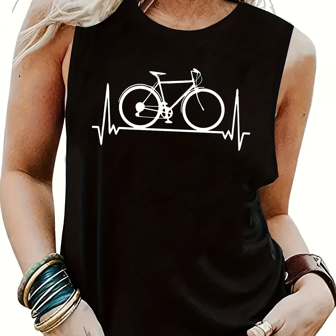 

Simple Bike Pattern Sport Fitness Vest Top, Leisure Sleeveless Vest Top, Women's Clothing