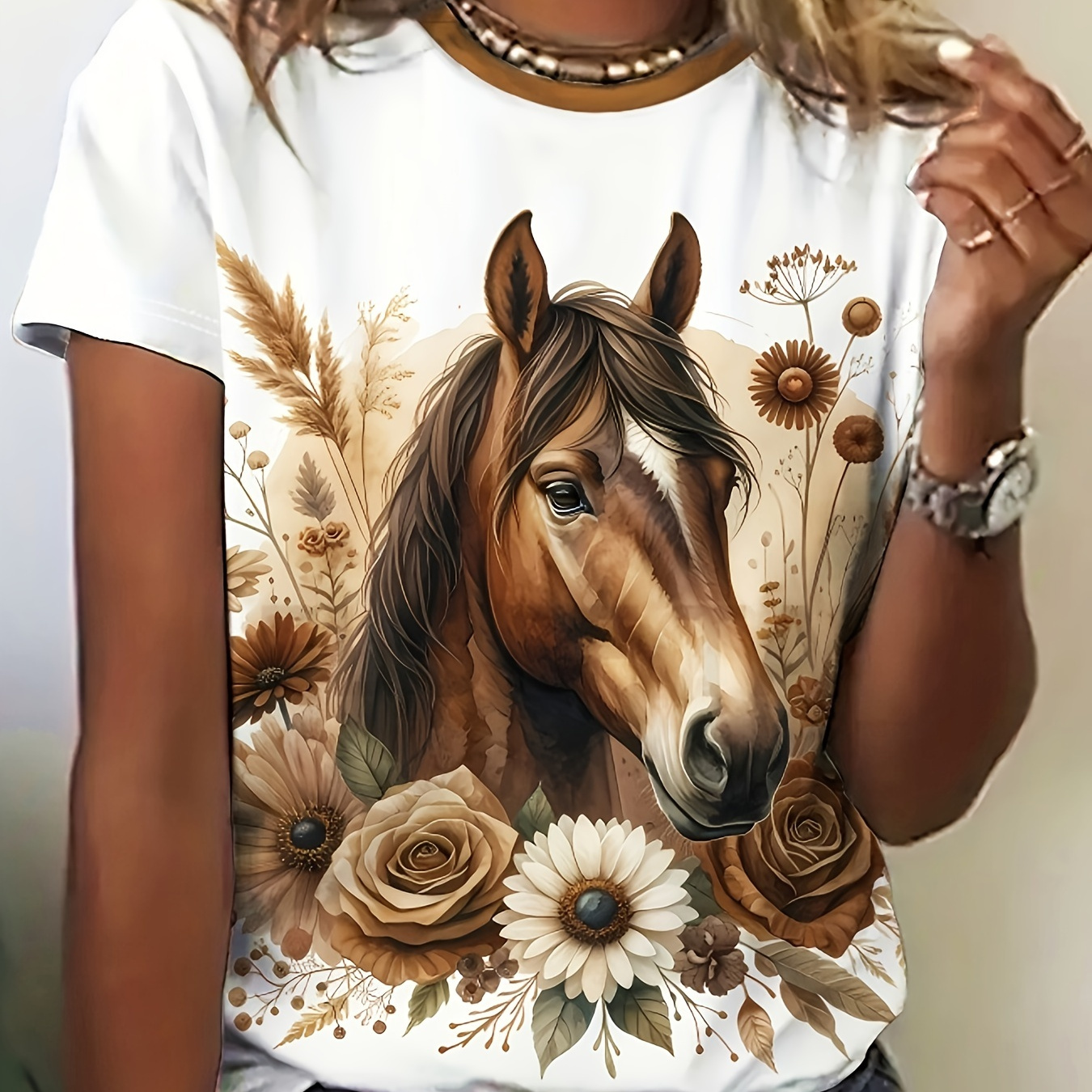 

Horse Print Crew Neck T-shirt, Casual Short Sleeve Top For Spring & Summer, Women's Clothing