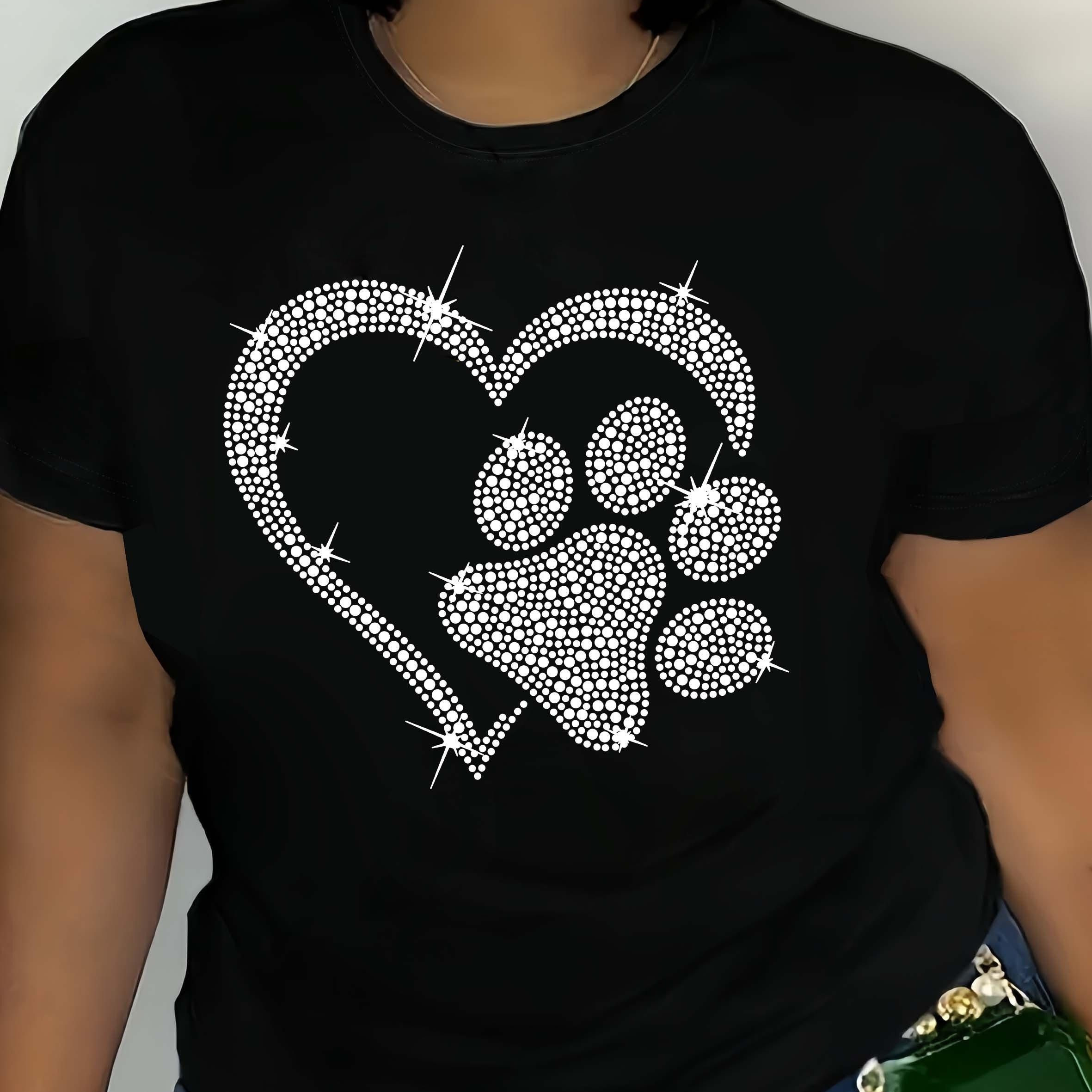 

Dog Paw & Heart Print Casual T-shirt, Crew Neck Short Sleeve Top For Spring & Summer, Women's Clothing