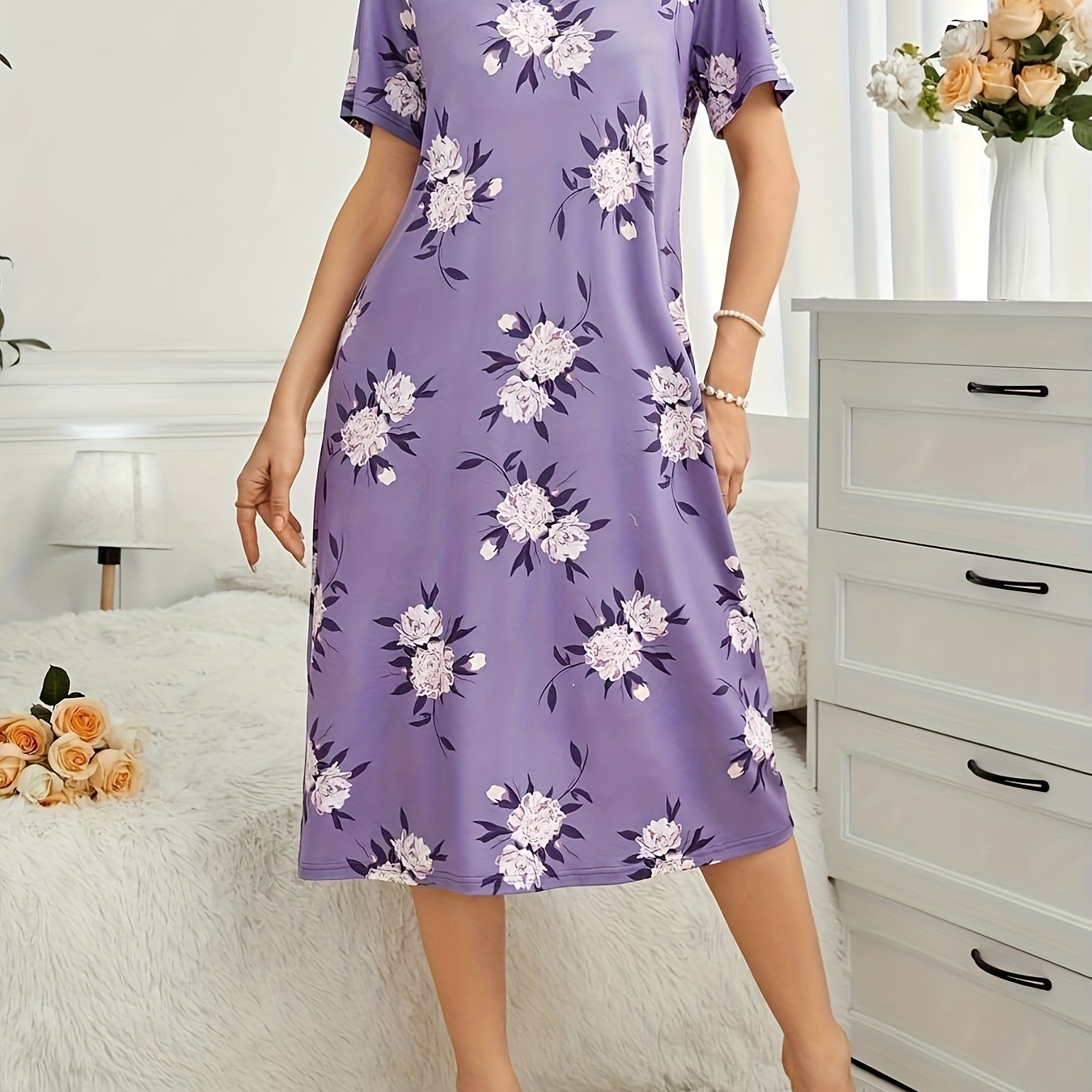 

Floral Print Nightgown, Casual Short Sleeve Round Neck Loose Fit Dress, Women's Sleepwear