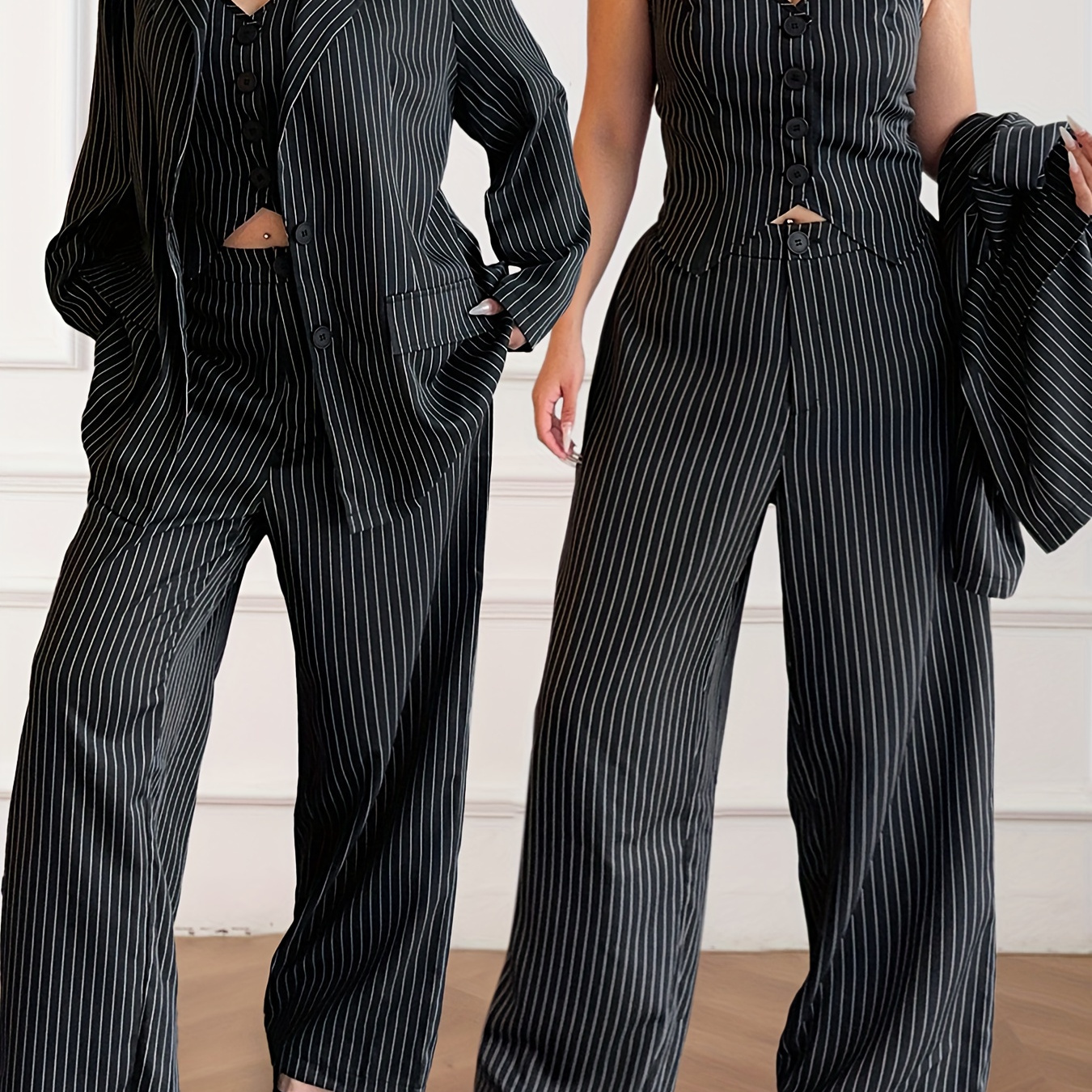 

Size Ladies Striped Long Sleeve V- Trousers Commuting - Set