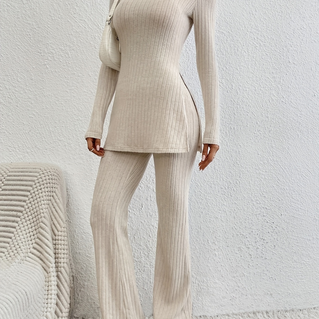 Solid Ribbed Knit Two piece Set Mock Neck Long Sleeve Tops - Temu