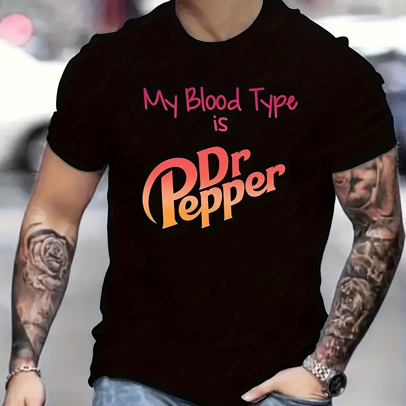 

my Blood Type Is " Monogram Printed Men's Casual T-shirt, Summer Chic Crew-neck Short-sleeved Top - Modern Street Style