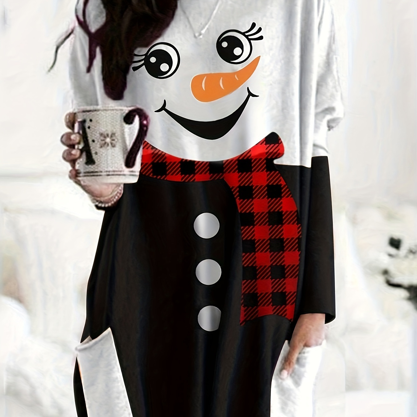 

Plus Size Christmas Cute Dress, Women's Plus Snowman Print Long Sleeve Round Neck Tee Dress With Pockets