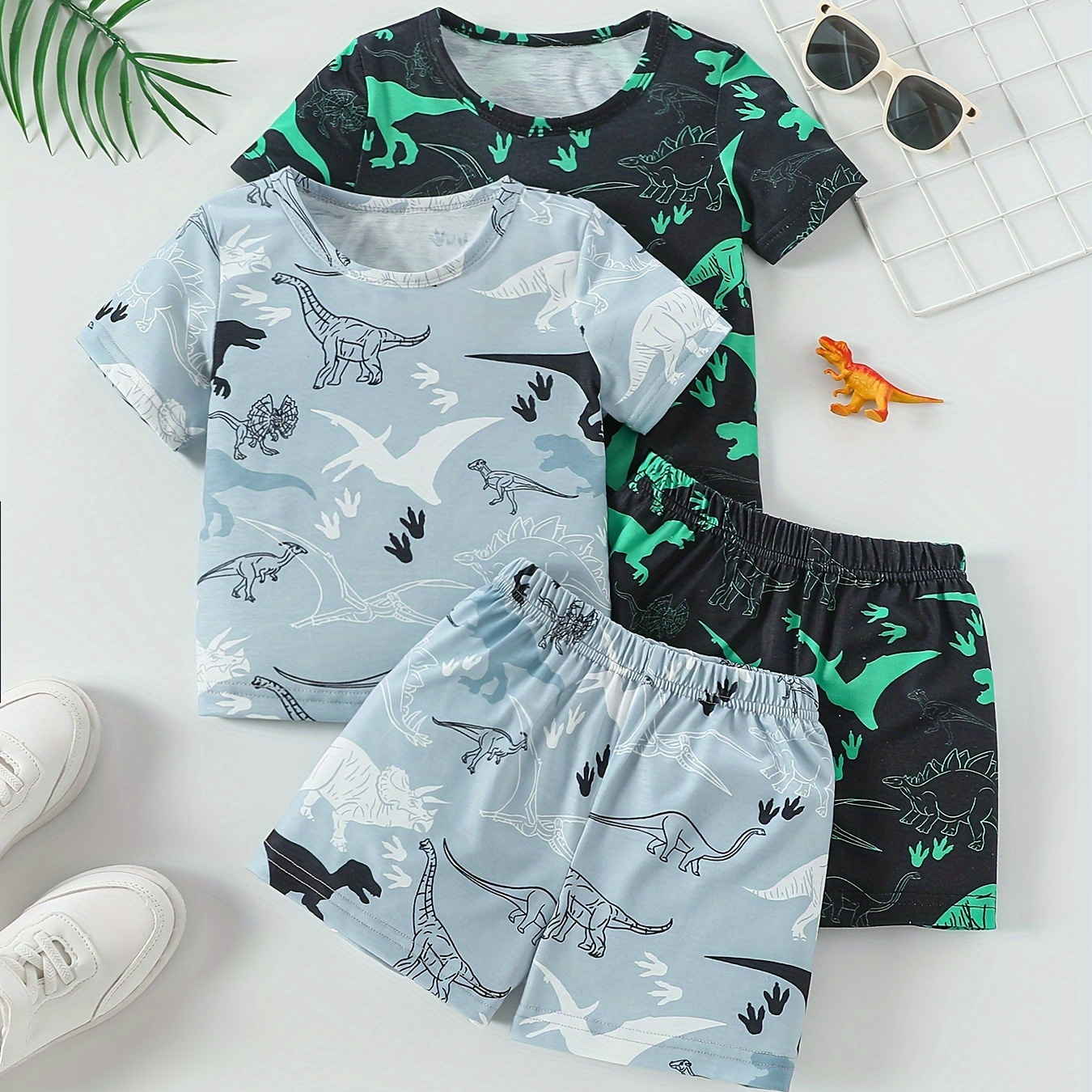 

2 Pcs Dinosaur Print Pajama Set For Boys, Including Short-sleeve Top And Shorts Children's Loungewear, Dinosaur Pattern