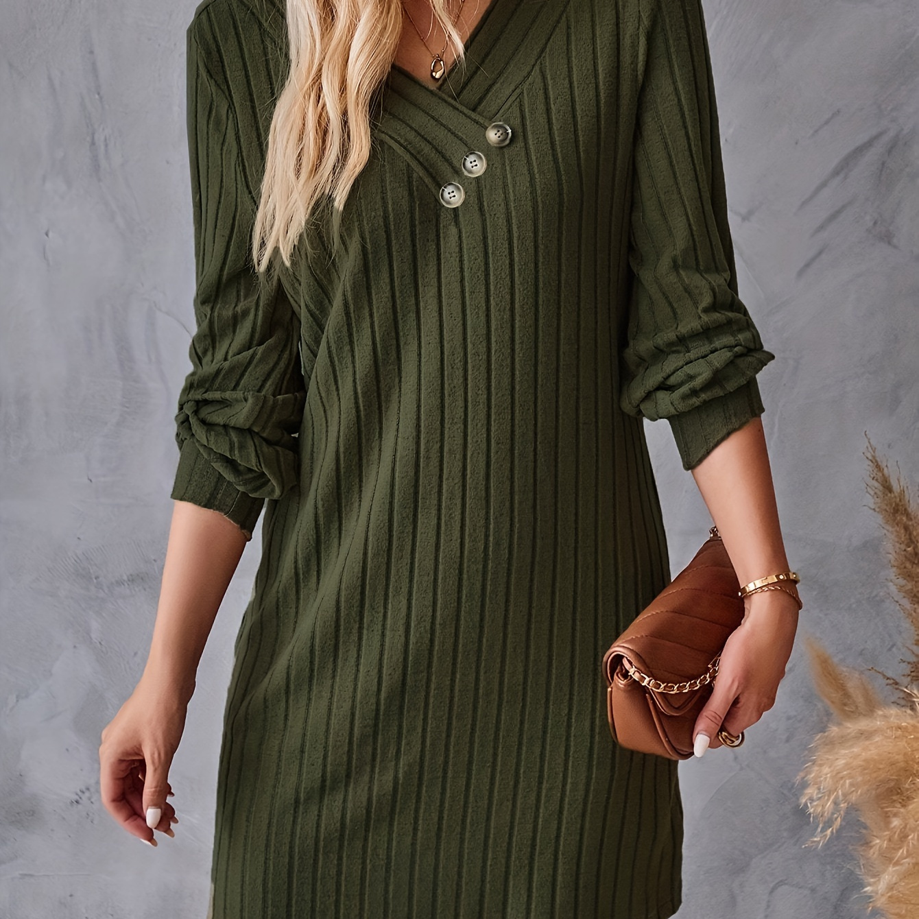 

Casual V-neck Knit Tunic Dress For Adult In Solid Color, Polyester, All