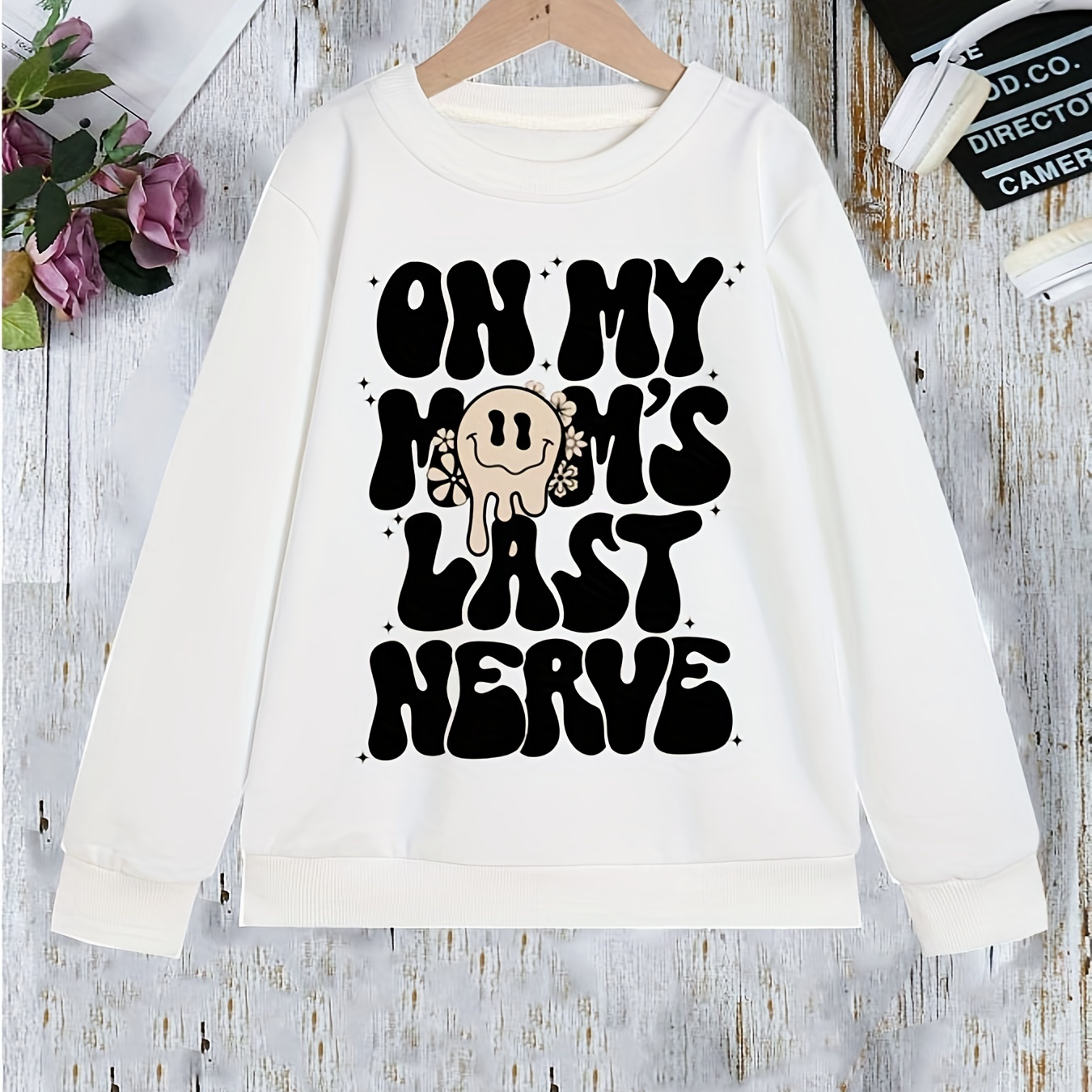 

Baby Girls Toddler Girls "oh My Mom's Last Nerve" Print Sweatshirt Cartoon Design Long Sleeve Casual Crew Neck Tops For Spring And Autumn