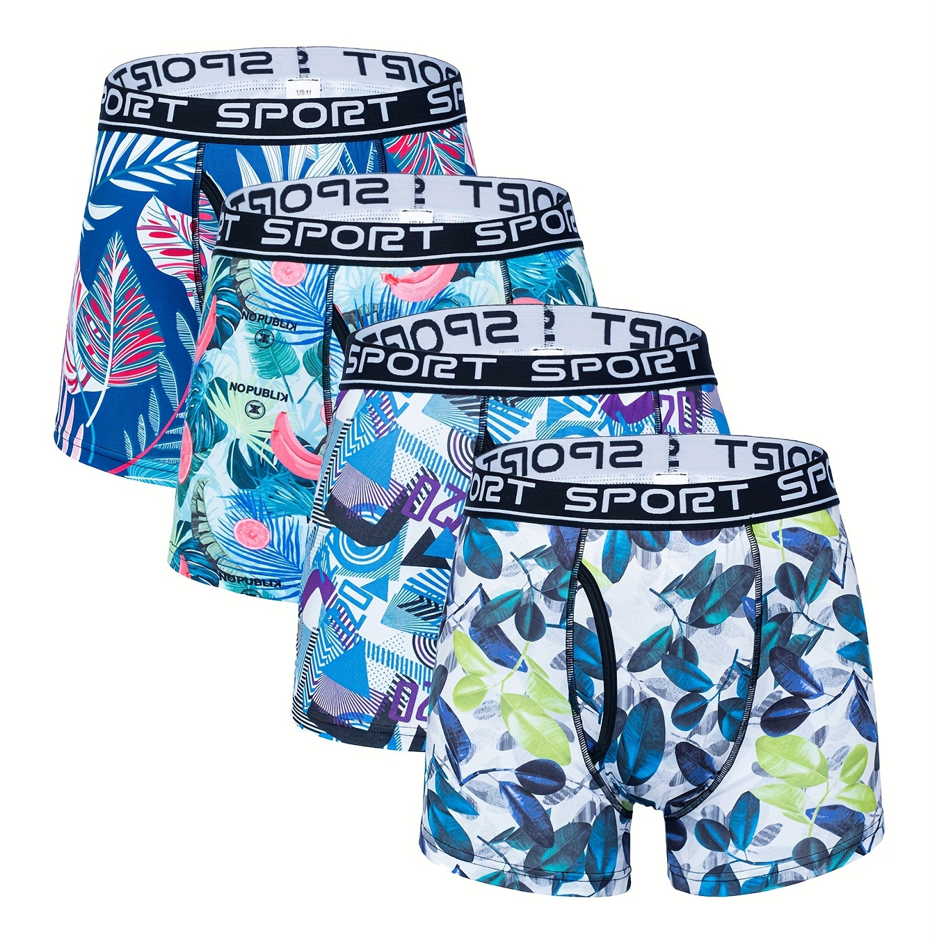 

4pcs Men's Boxer Briefs Set Shorts Comfortable Fashion Leaf Pattern Print Men's Boxer Briefs Set