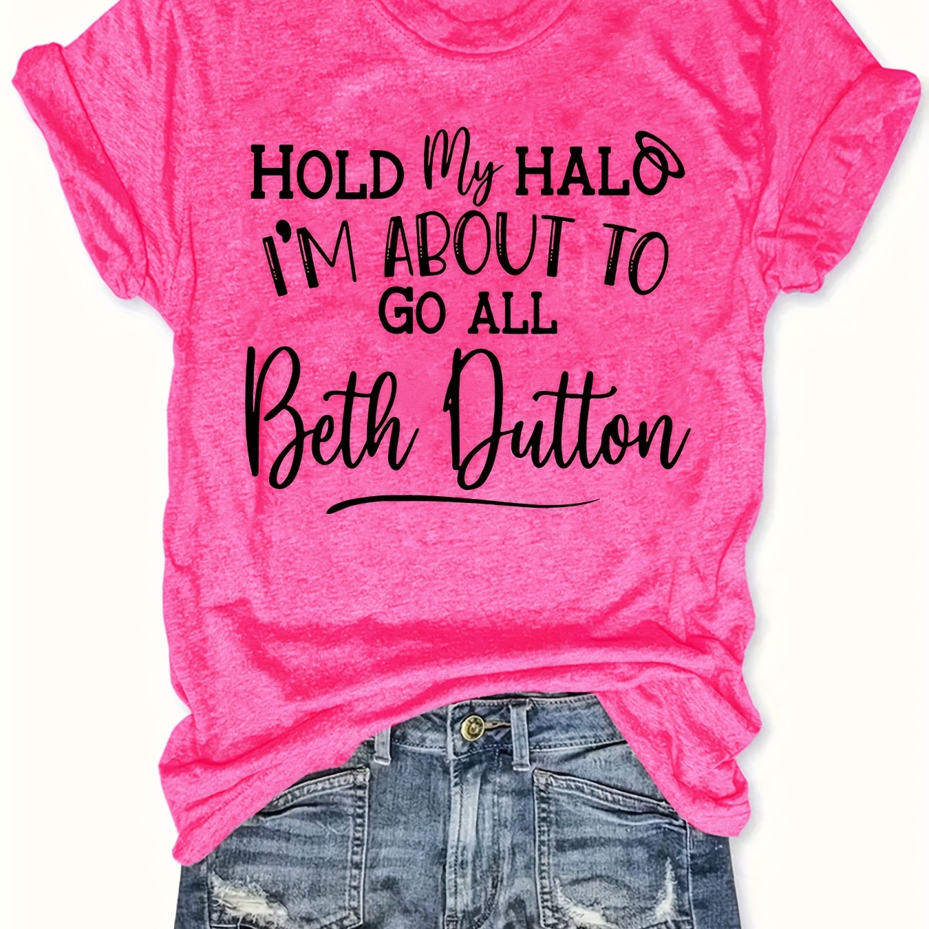 

1pc Beth Inspired Polyester T-shirt, Women's Casual Crew Neck Tee With "hold My Halo" Quote, Summer Knit Fabric Top, Regular Length