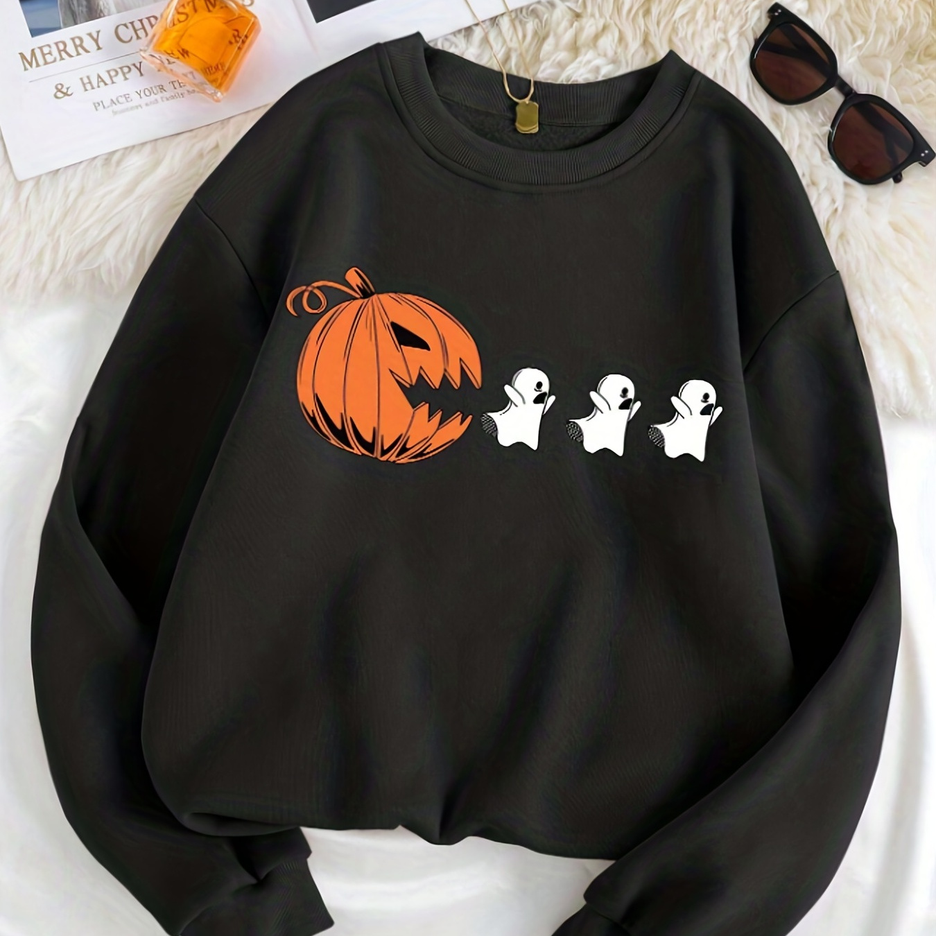 

Halloween Pumpkin & Ghost Print Sweatshirt, Casual Long Sleeve Crew Neck Sweatshirt For Fall & Winter, Women's Clothing