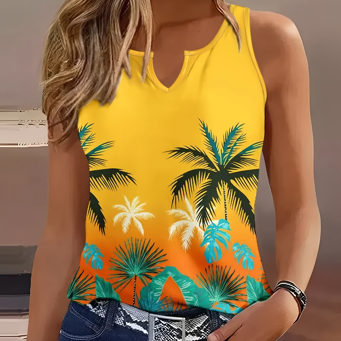 

Coconut Tree Print Notched Neck Tank Top, Casual Sleeveless Tank Top For Spring & Summer, Women's Clothing