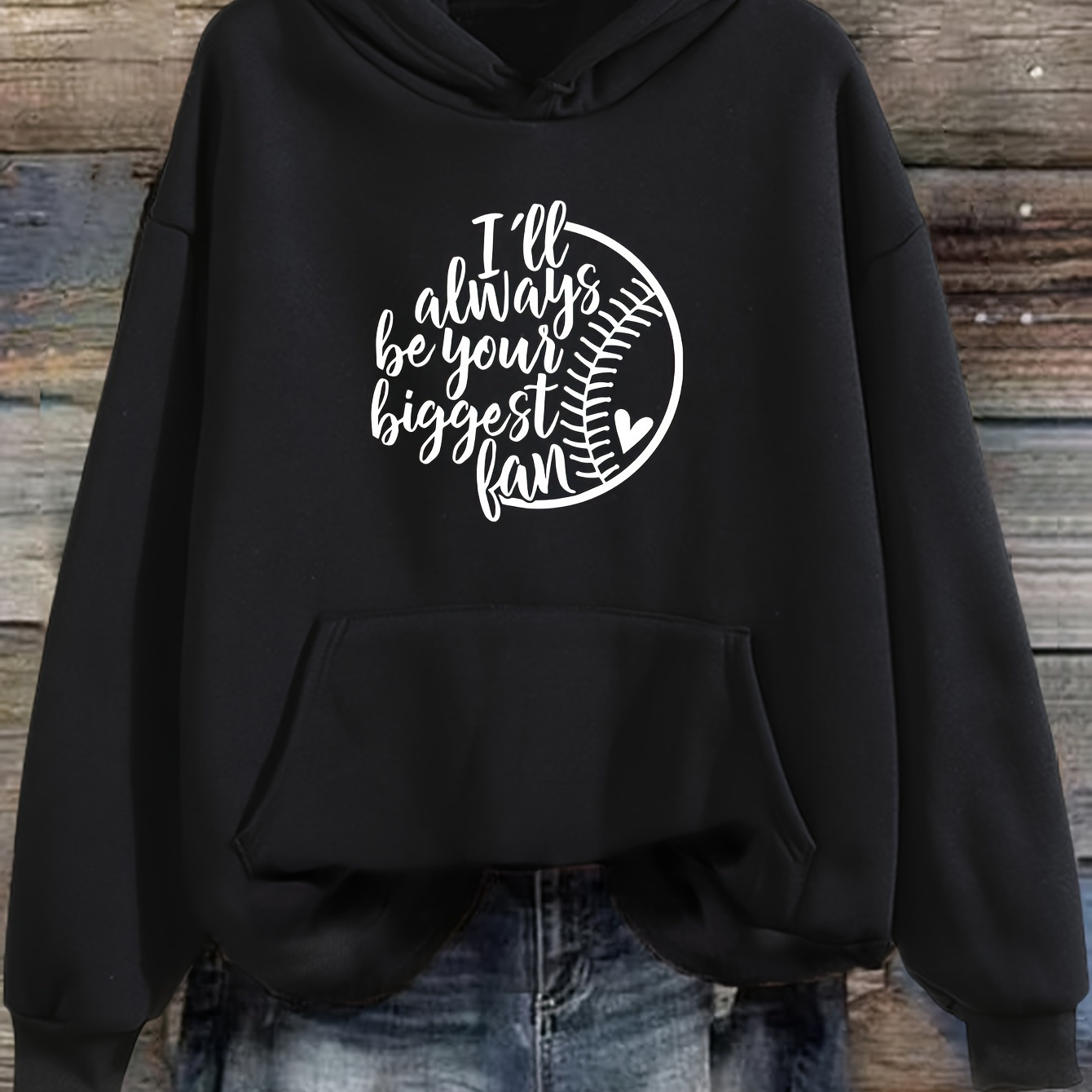 

Baseball & Letter Print Drawstring Hoodie, Casual Long Sleeve Kangaroo Pocket Hoodie Sweatshirt, Women's Clothing