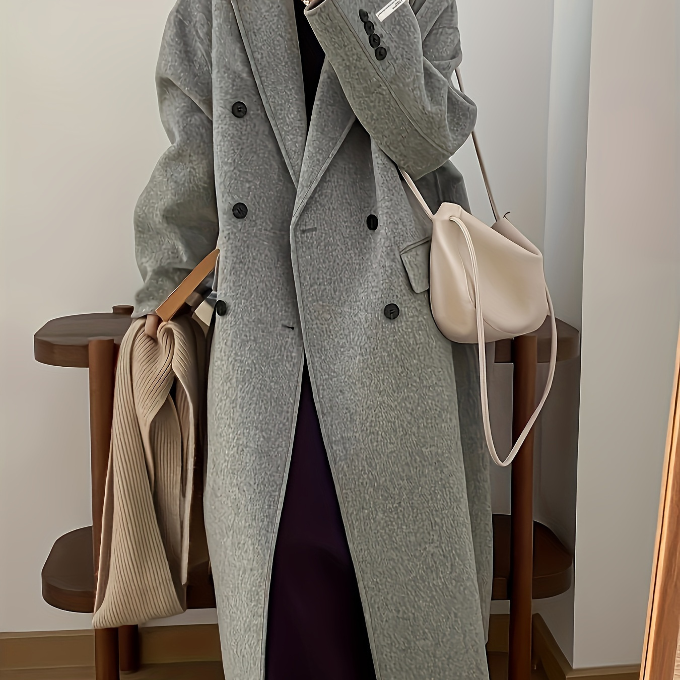 

Double-breasted Lapel Overcoat, Long Mid-length Outerwear For Fall & , Women's Clothing