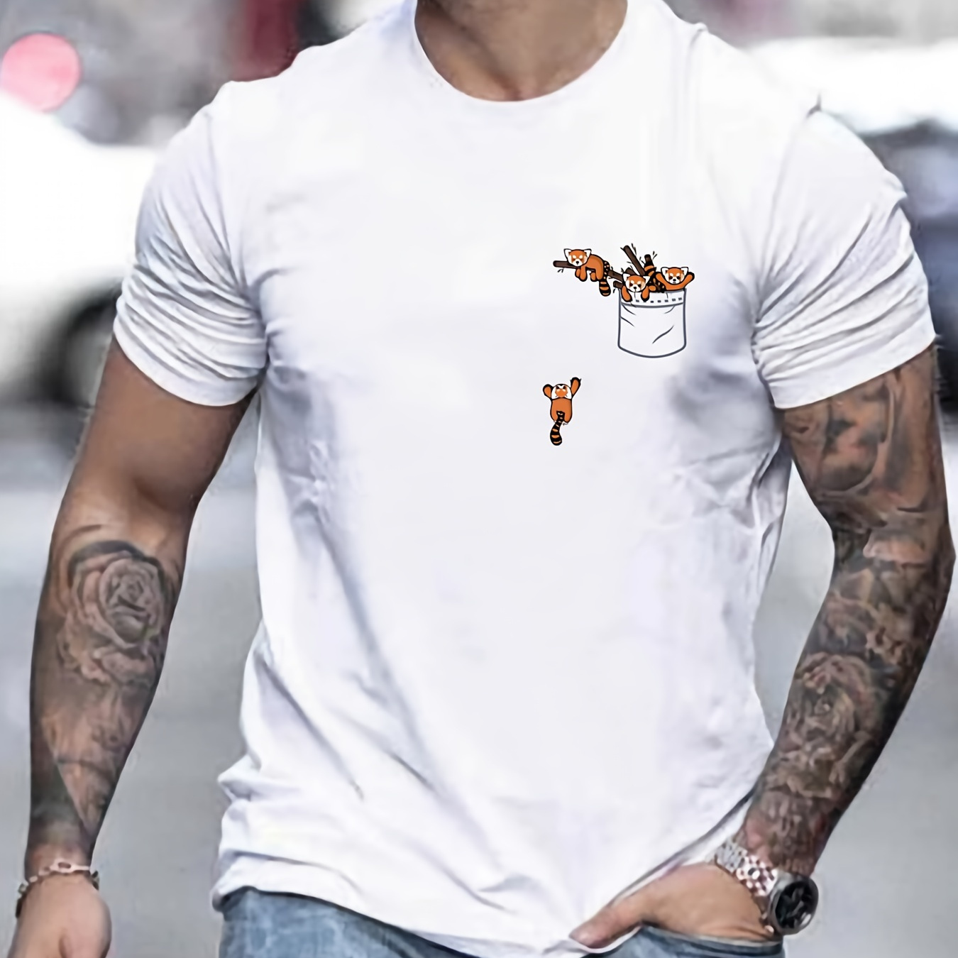 

T-shirt à manches courtes imprimé renard pour hommes, vêtements décontractés à col rond, été