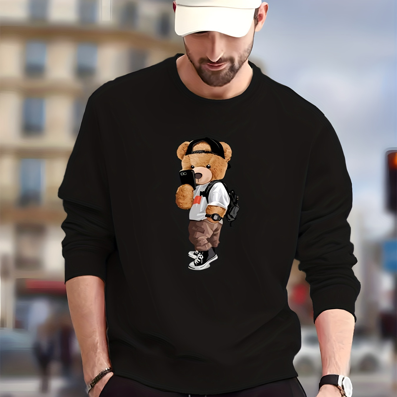 

Stylish Teddy Bear Print Trendy Sweatshirt, Men's Casual Graphic Design Slightly Stretch Crew Neck Pullover Sweatshirt For Autumn Winter