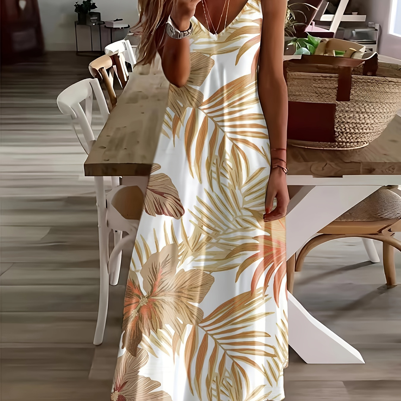 

Leaf Print V Neck Cami Dess, Vacation Style Sleeveless Maxi Dress For Spring & Summer, Women's Clothing