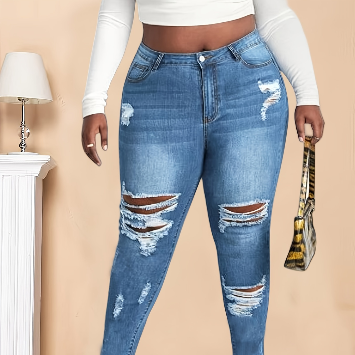

Plus Size Ripped Original Rise Button Fly Skinny Jeans, Women's Plus High Stretch Casual Denim Jeans