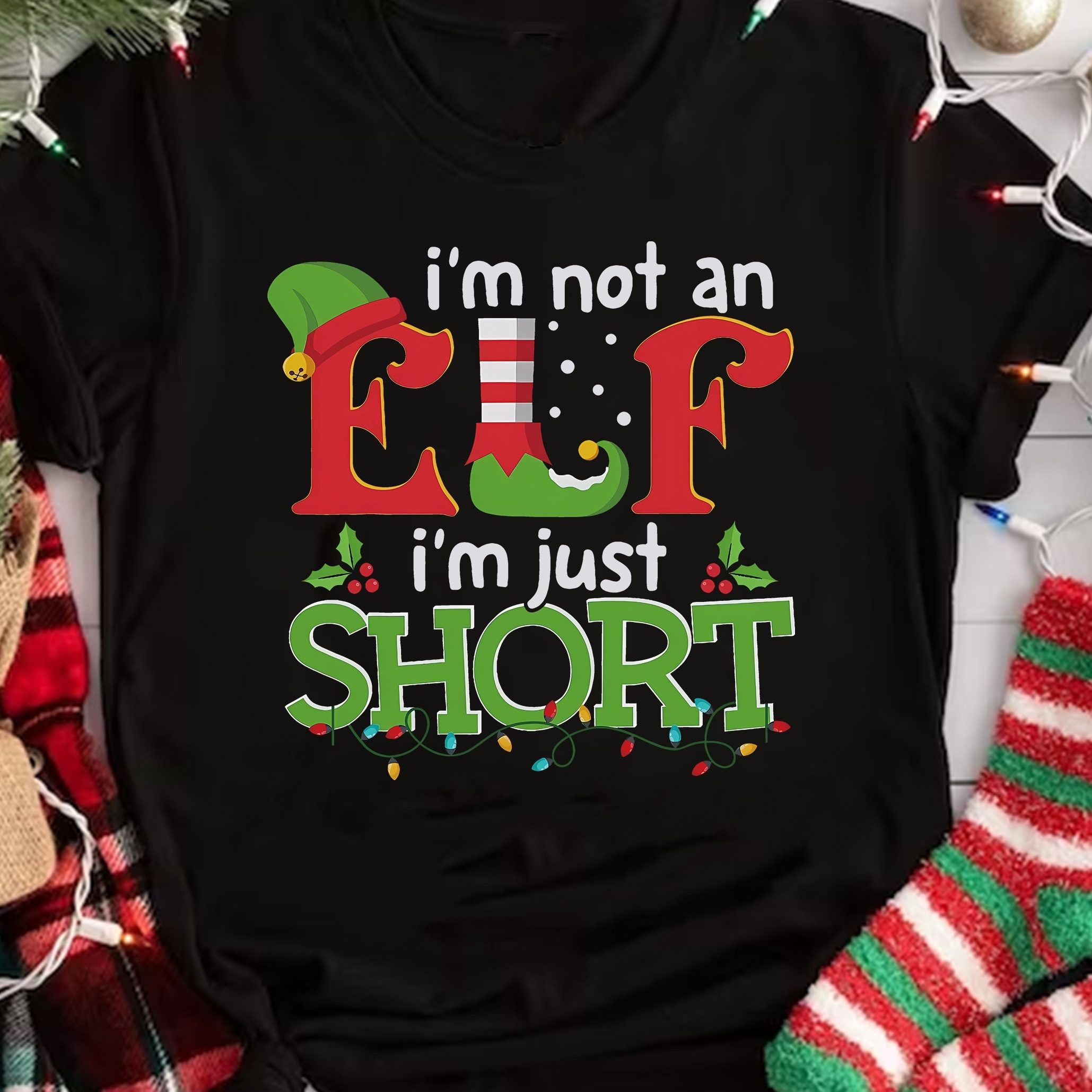 

An Elf I'm Just Short Letter Print T-shirt, Short Sleeve Crew Neck Casual Top For Summer & Spring, Women's Clothing