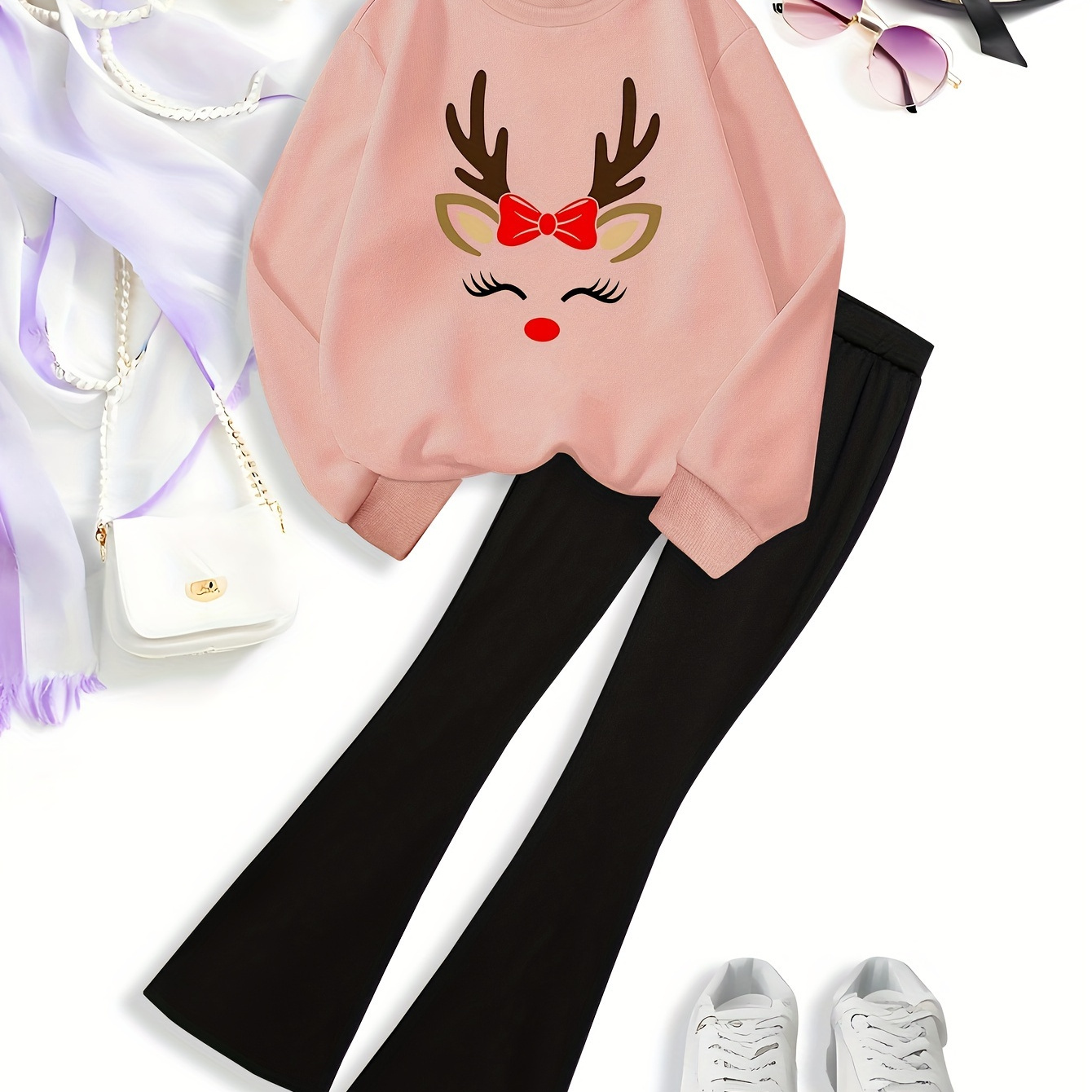 

Christmas Elk , 's 2pcs Outfits, Long Sleeve Sweatshirt And Pants Set For Fall, 's Clothing