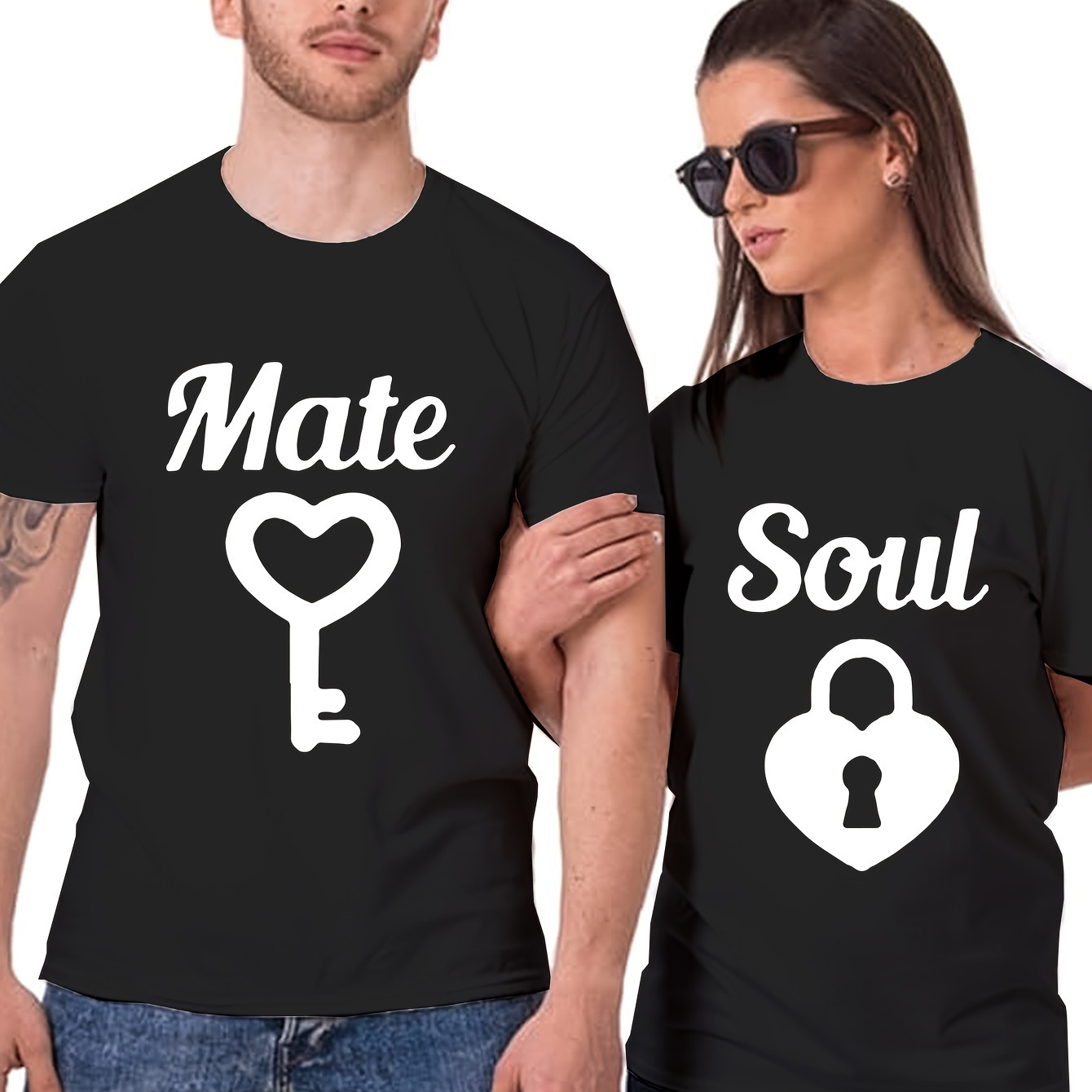 

Soulmate Couple Front Print T-shirt Graphic Tee Summer Casual Tee Streetwear Top For Men Women