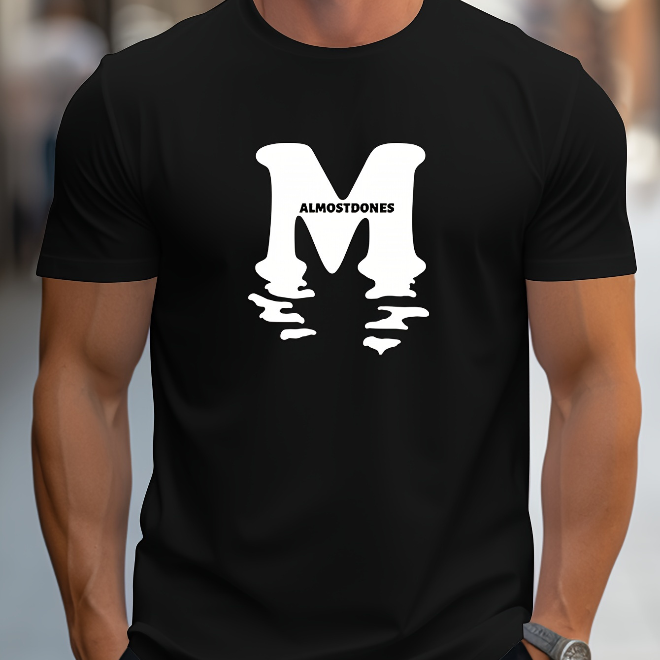 

M And Reflection Graphic Print, Men's Novel Graphic Design T-shirt, Casual Comfy Tees For Summer, Men's Clothing Tops For Daily Activities