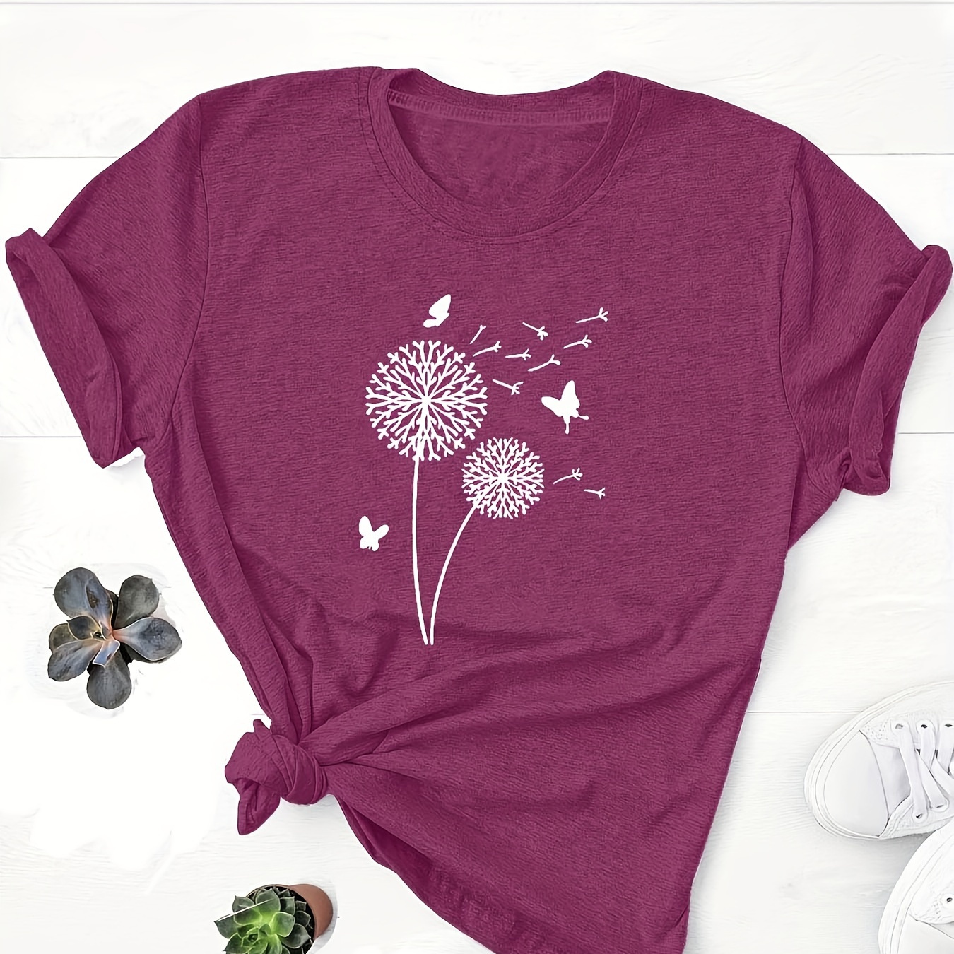 

Dandelion & Butterfly Print Crew Neck T-shirt, Casual Short Sleeve T-shirt For Spring & Summer, Women's Clothing
