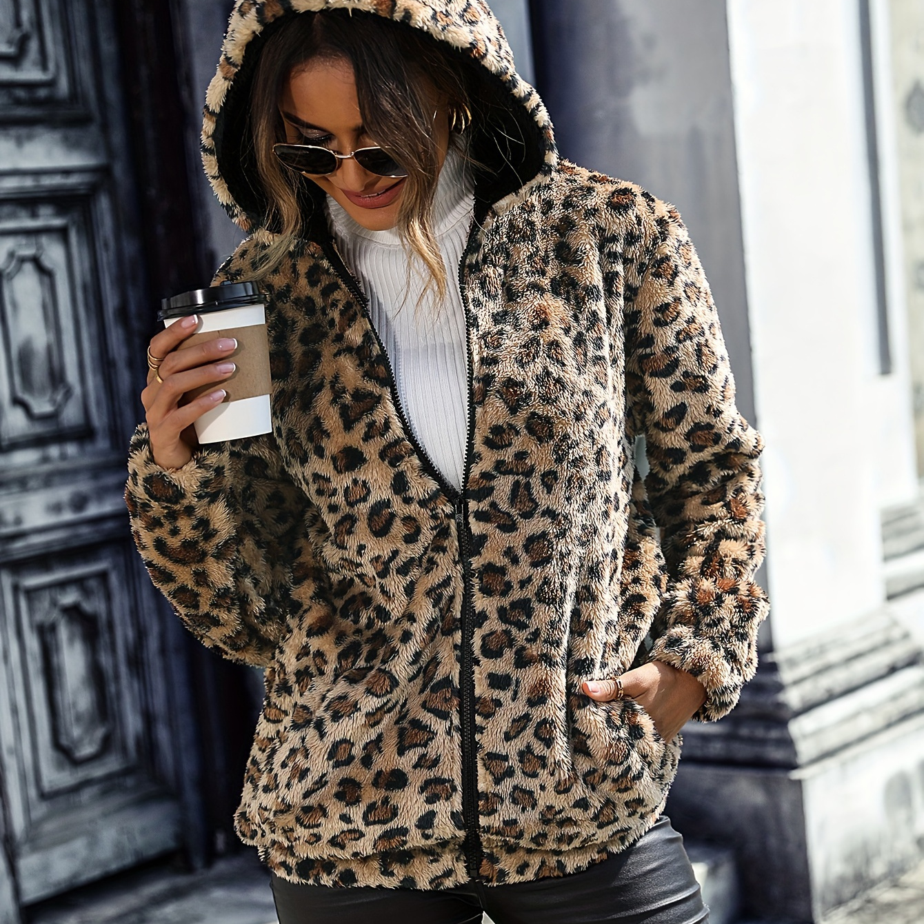 

Leopard Pattern Zipper Hooded Teddy Coat, Long Sleeve Thermal Outwear For Fall & Winter, Women's Clothing