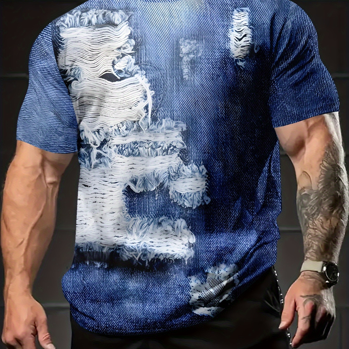 

Men's Fake Patch Graphic Print T-shirt, Casual Short Sleeve Crew Neck Tee, Men's Clothing For Summer Outdoor