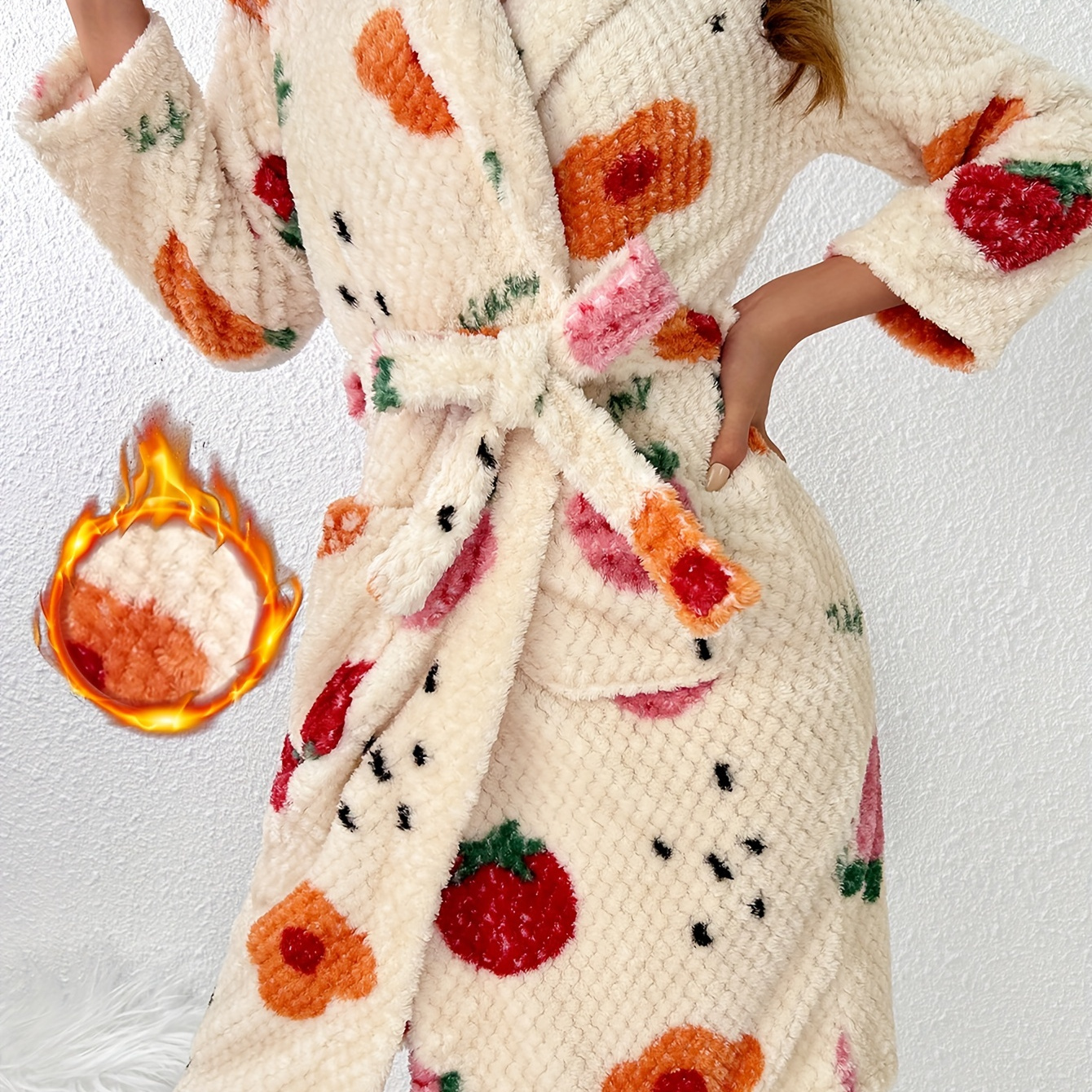 

Women's Strawberry & Floral Print Textured Plush Thickened Sleepwear Robe, Long Sleeve Lapel Collar Sleep Robe With Belt, Comfortable Nightgown For Fall & Winter