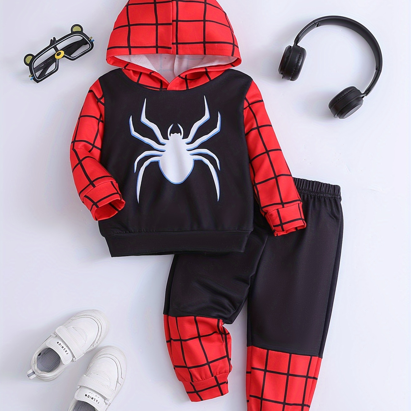 

2pcs Baby's Cartoon Spider Print Hooded Set, Hoodie & Pants, Baby Boy's Clothing, As Gift