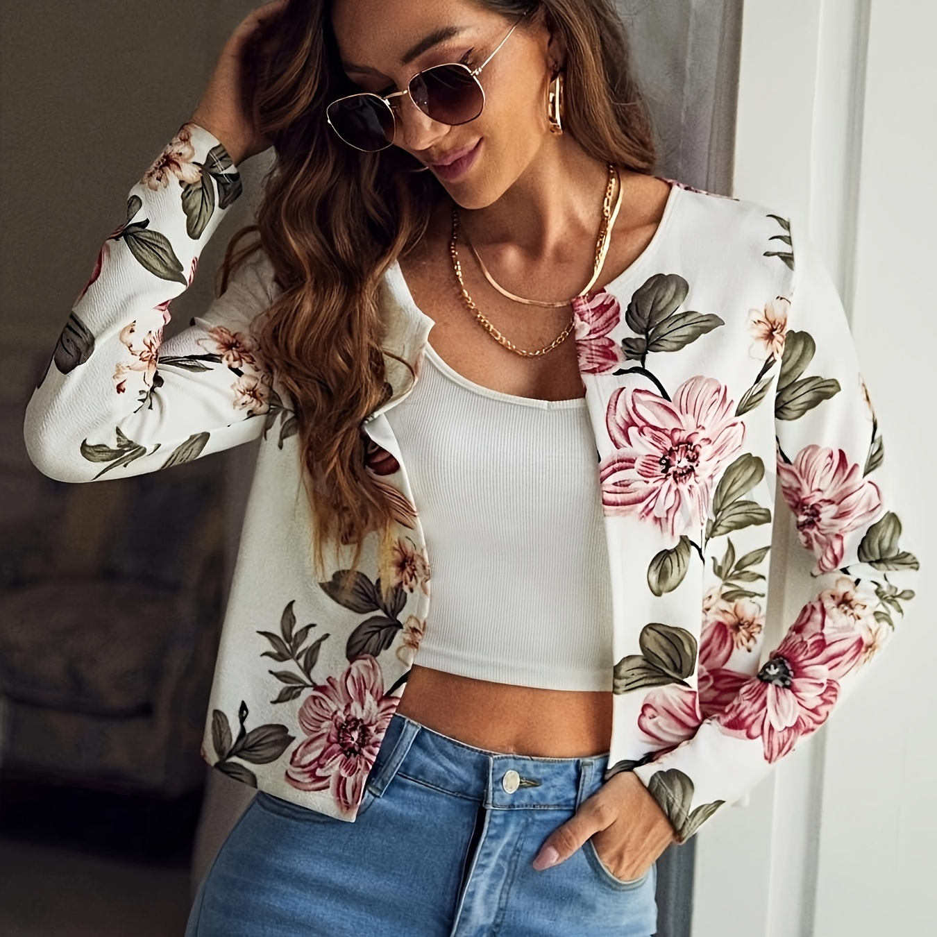 

Floral Print Open Front Jacket, Versatile Long Sleeve Outwear For Spring & Fall, Women's Clothing