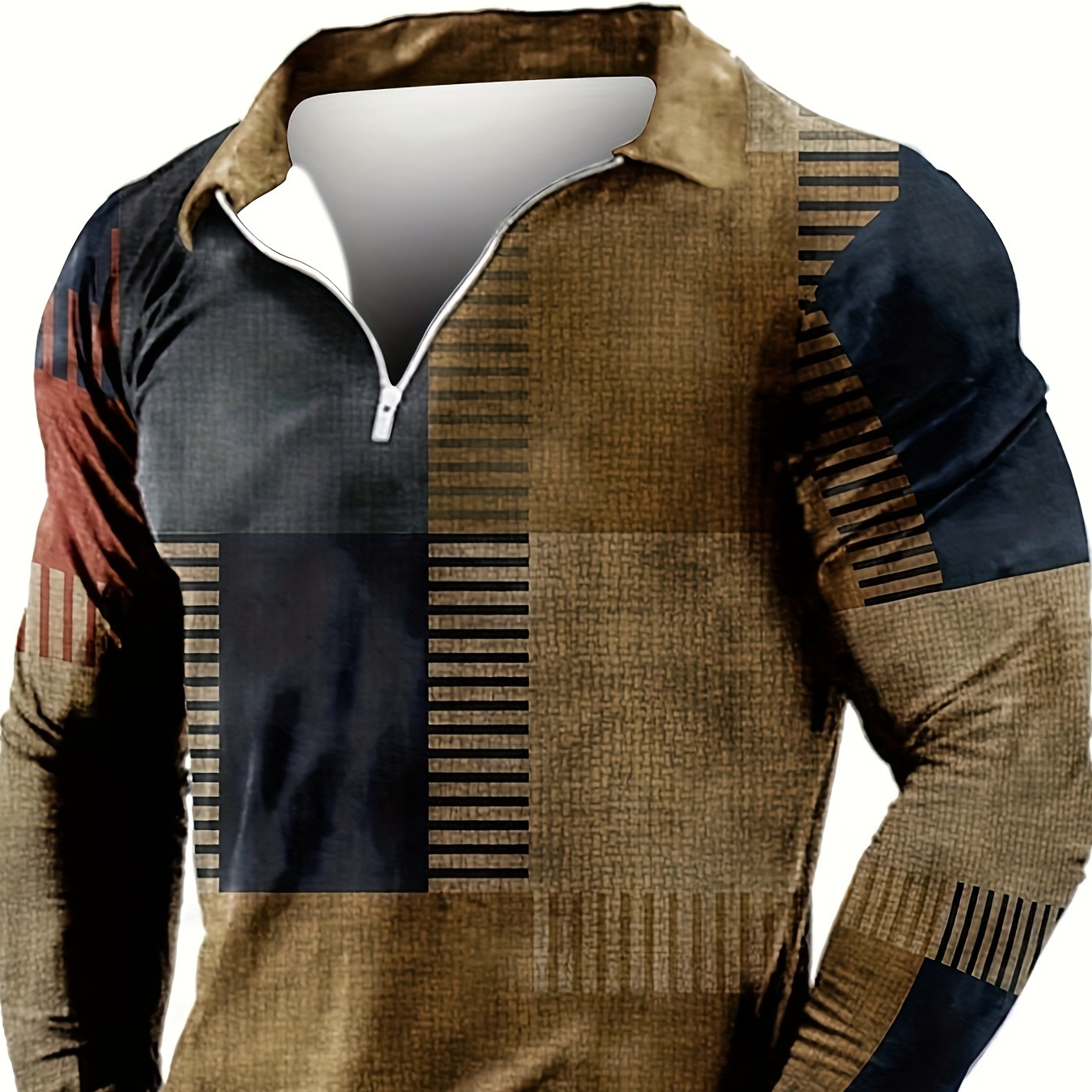 

Vintage Color Block Pattern Men's Long Sleeve Zipper Lapel Shirt, Men's Stretch Comfy Top For Spring Fall