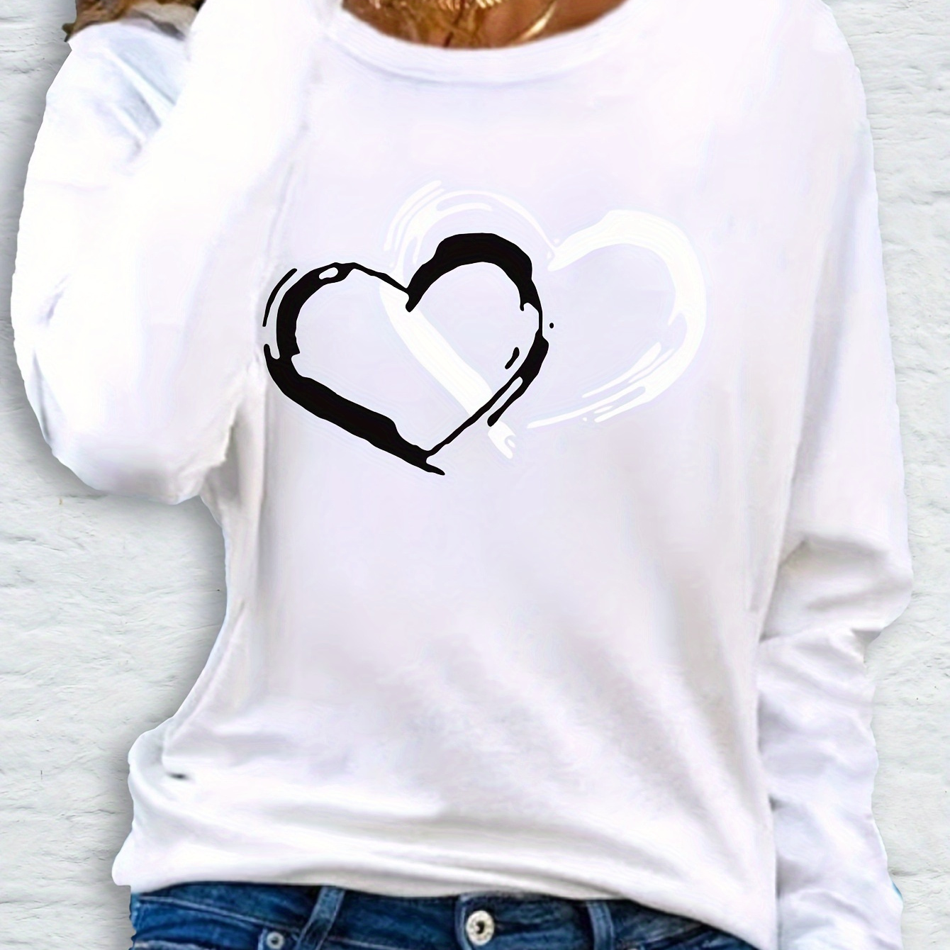 

Chic Heart Print Long Sleeve T-shirt For Women - Casual Crew Neck, Soft Polyester, Machine Washable - Fall