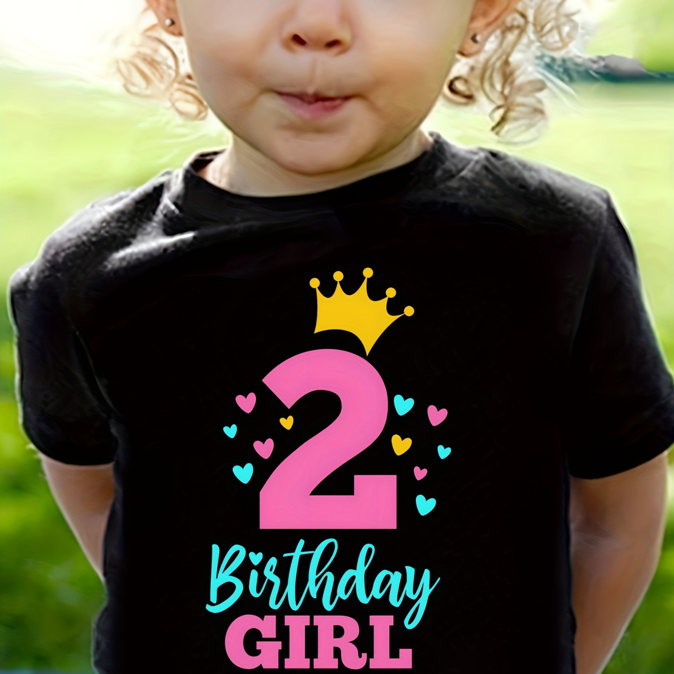 

2 Birthday Girl & Crown Graphic Print, Girls' Casual & Comfy Crew Neck Short Sleeve T-shirt For Spring & Summer, Girls' Clothes For Outdoor Activities